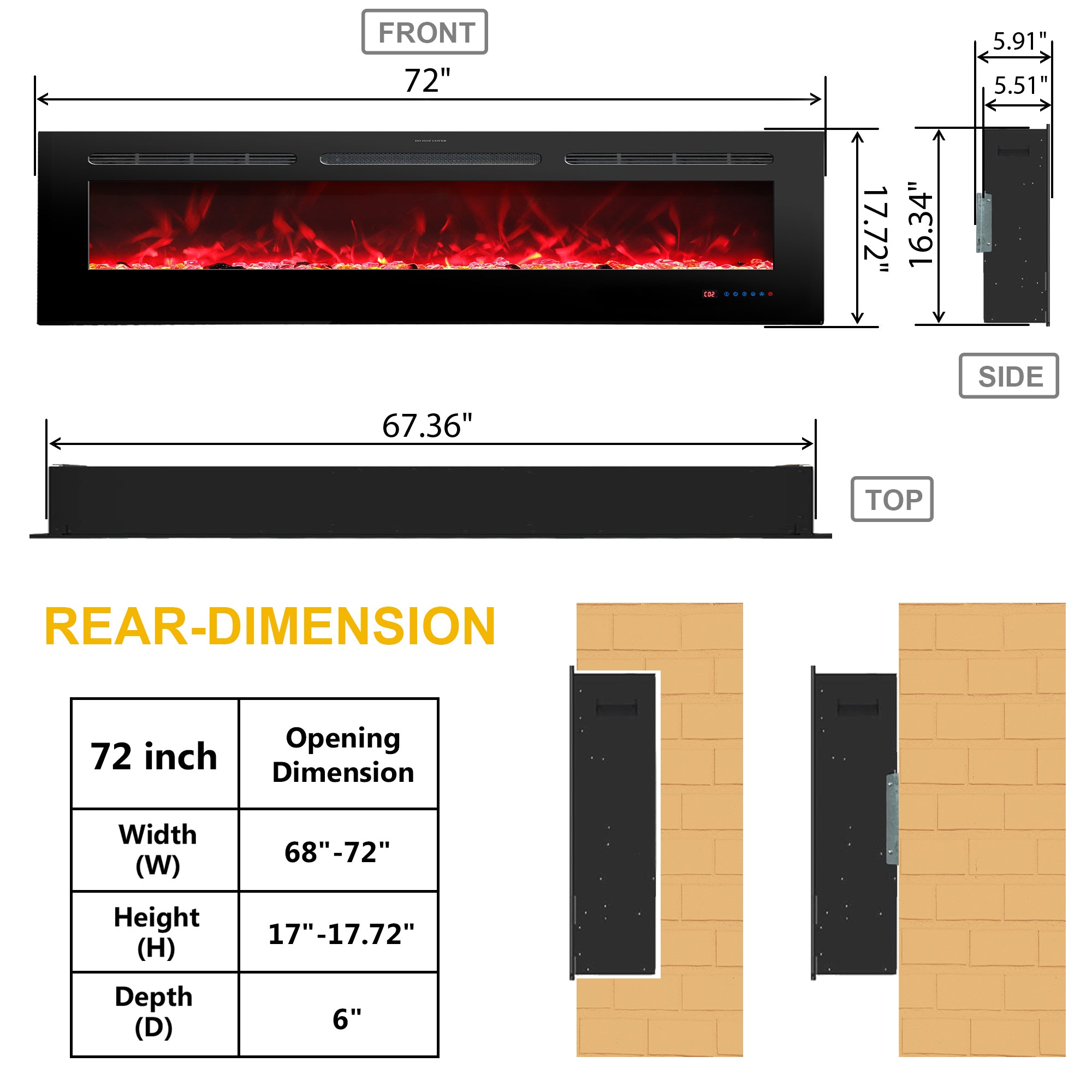 72" White Label electric fireplace supports recessed/wall mounting, with remote, touch screen, 13 flame colors, base lights