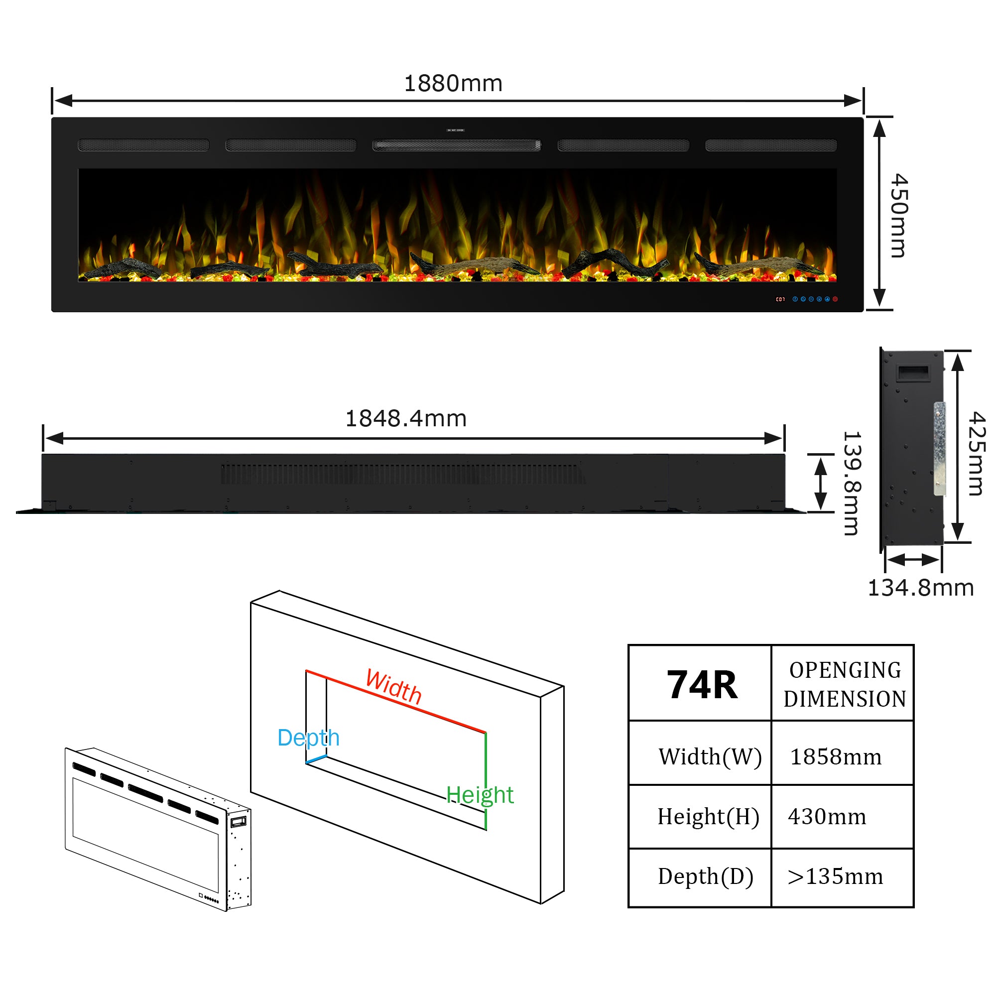 74" White LabelSmart Electric Fireplace with Inset & Wall-Mounted Installation - 13 Flame Colors, App/Remote/Voice Control (Alexa/Google Home)