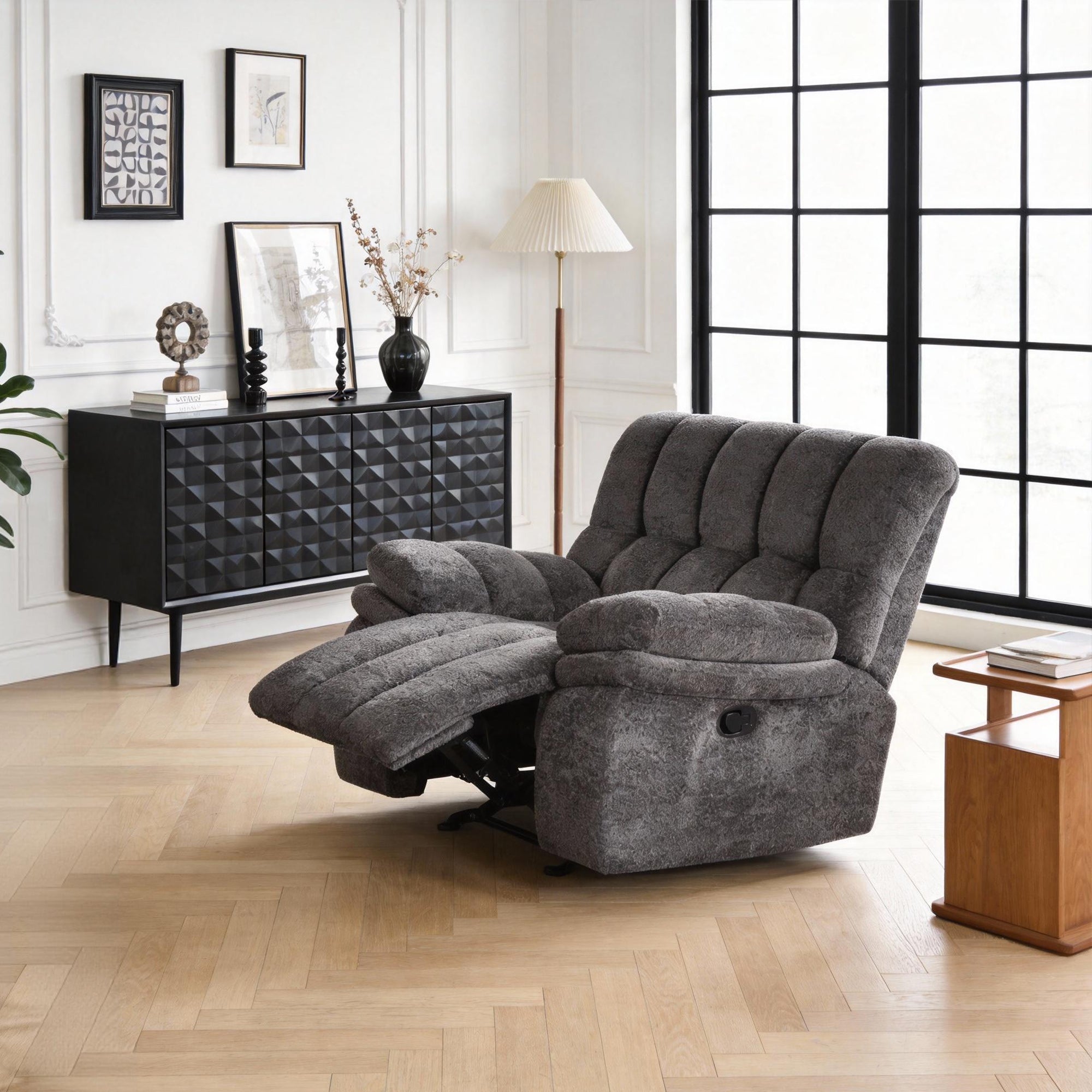43" Leather Manual Glider Recliner with Biscuit-Padded Seat & Back