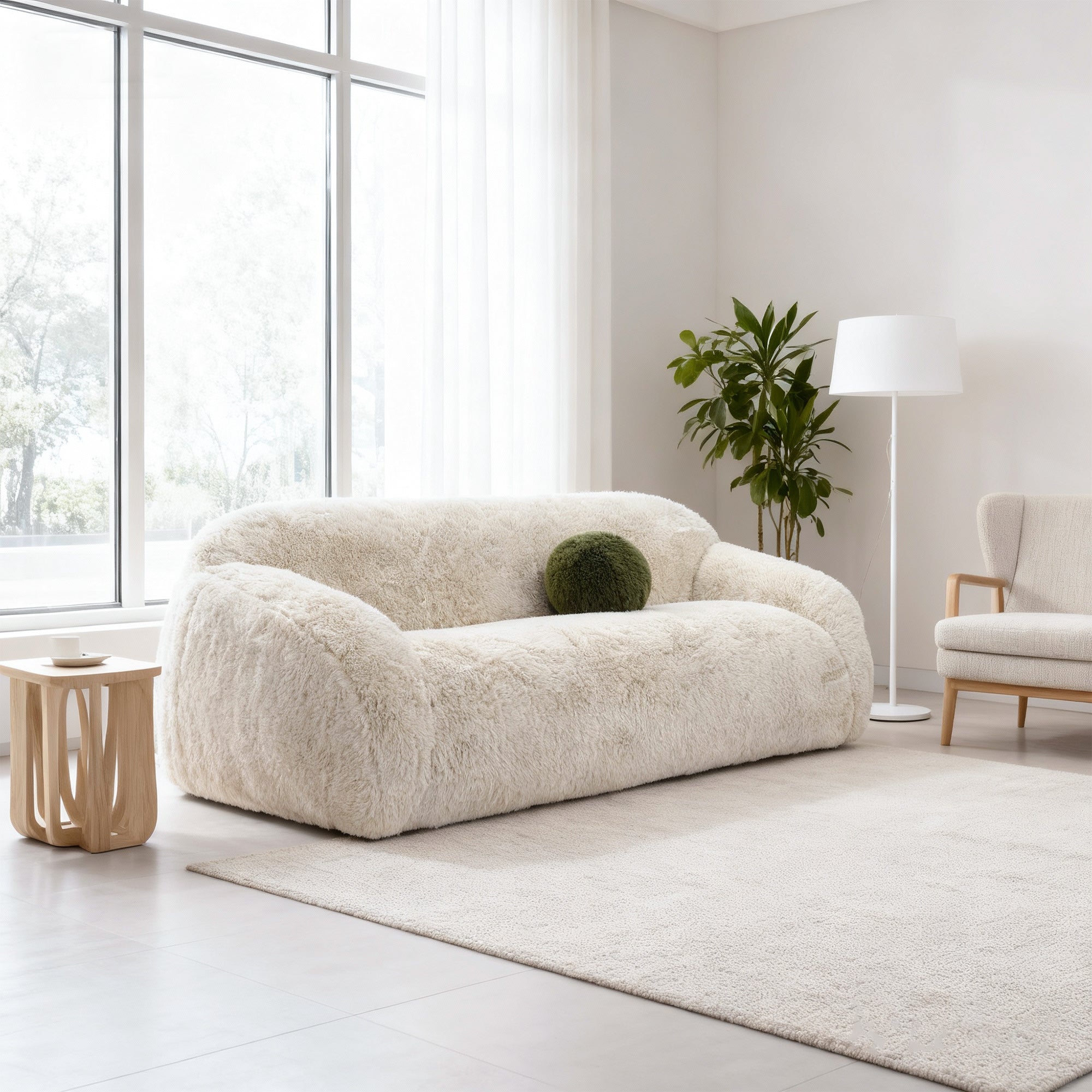 84 Inch Darwen Modern Faux Fur Sofa with Ball Pillow for Living Room