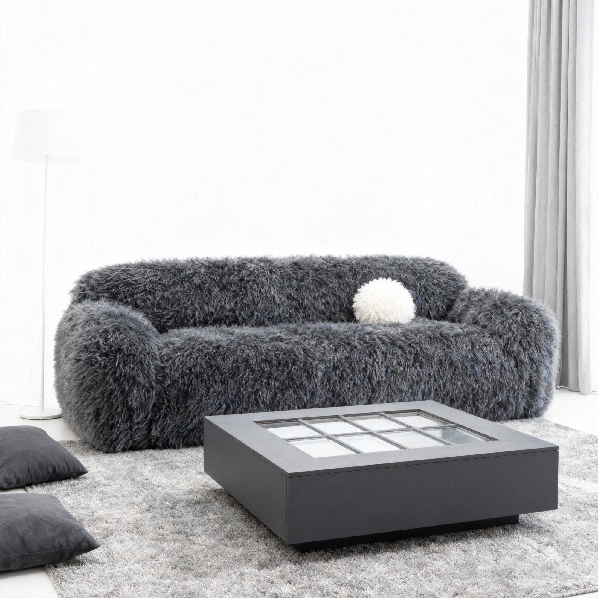 84 Inch Darwen Modern Faux Fur Sofa with Ball Pillow for Living Room