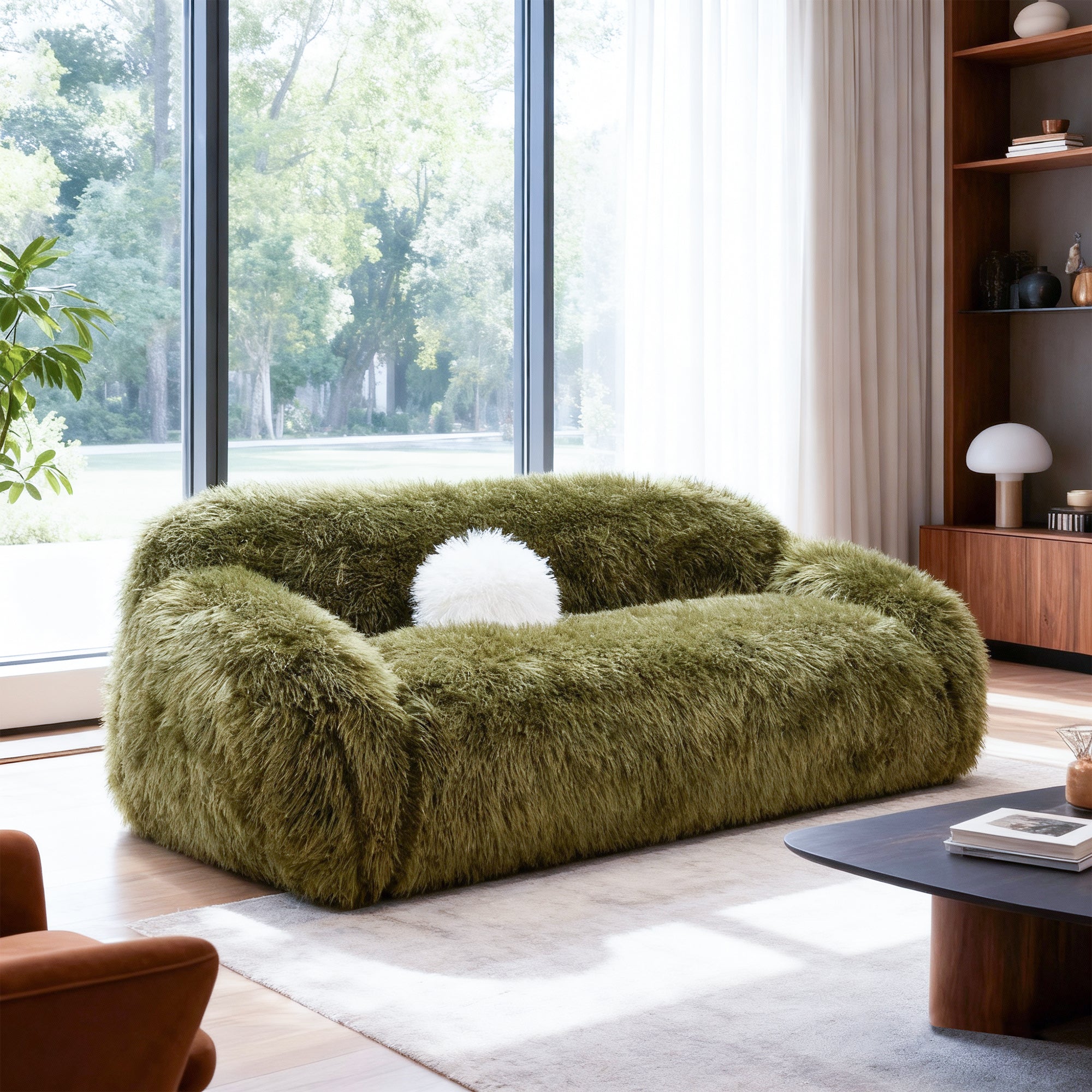84 Inch Darwen Modern Faux Fur Sofa with Ball Pillow for Living Room