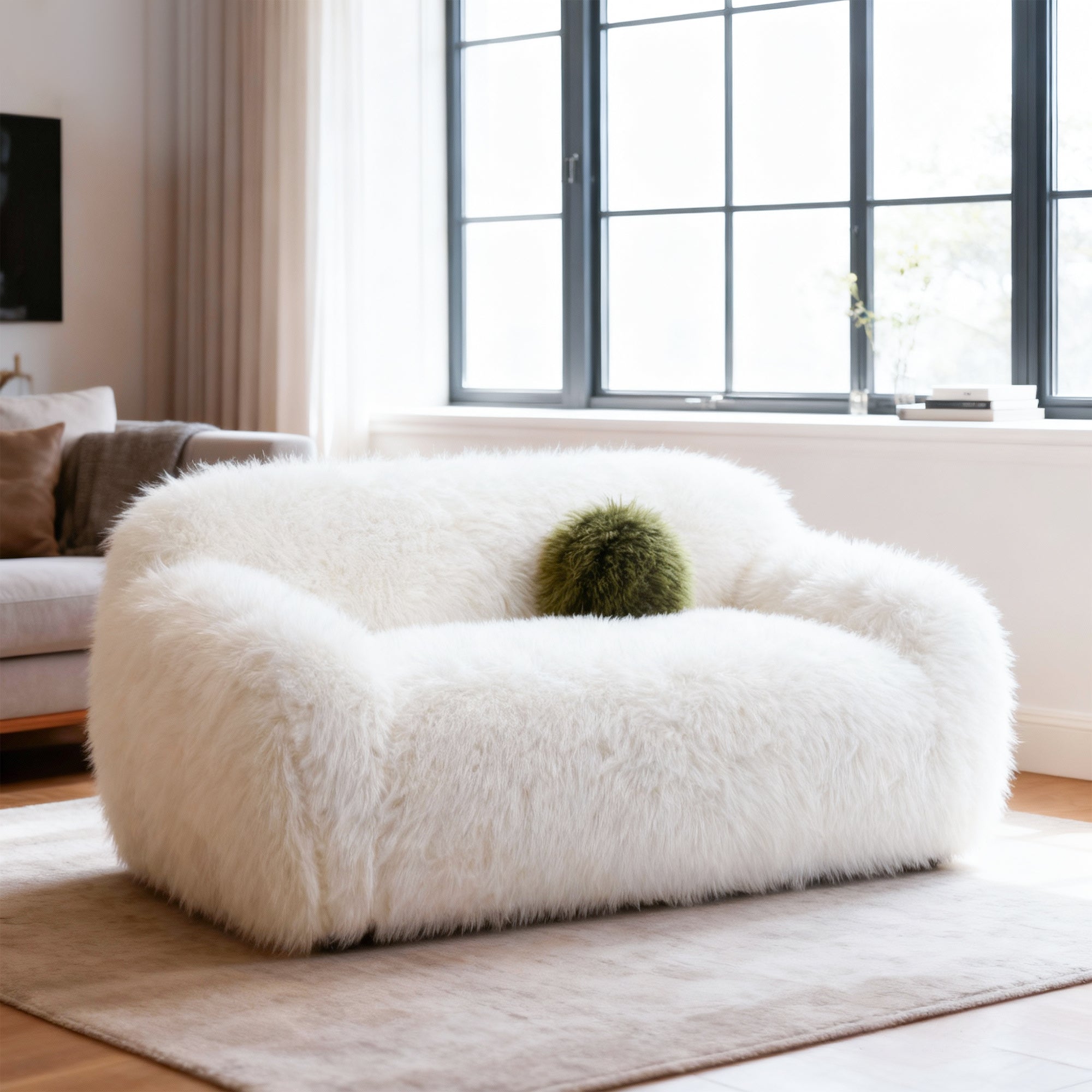 66 Inch Darwen Modern Faux Fur Loveseat with Ball Pillow