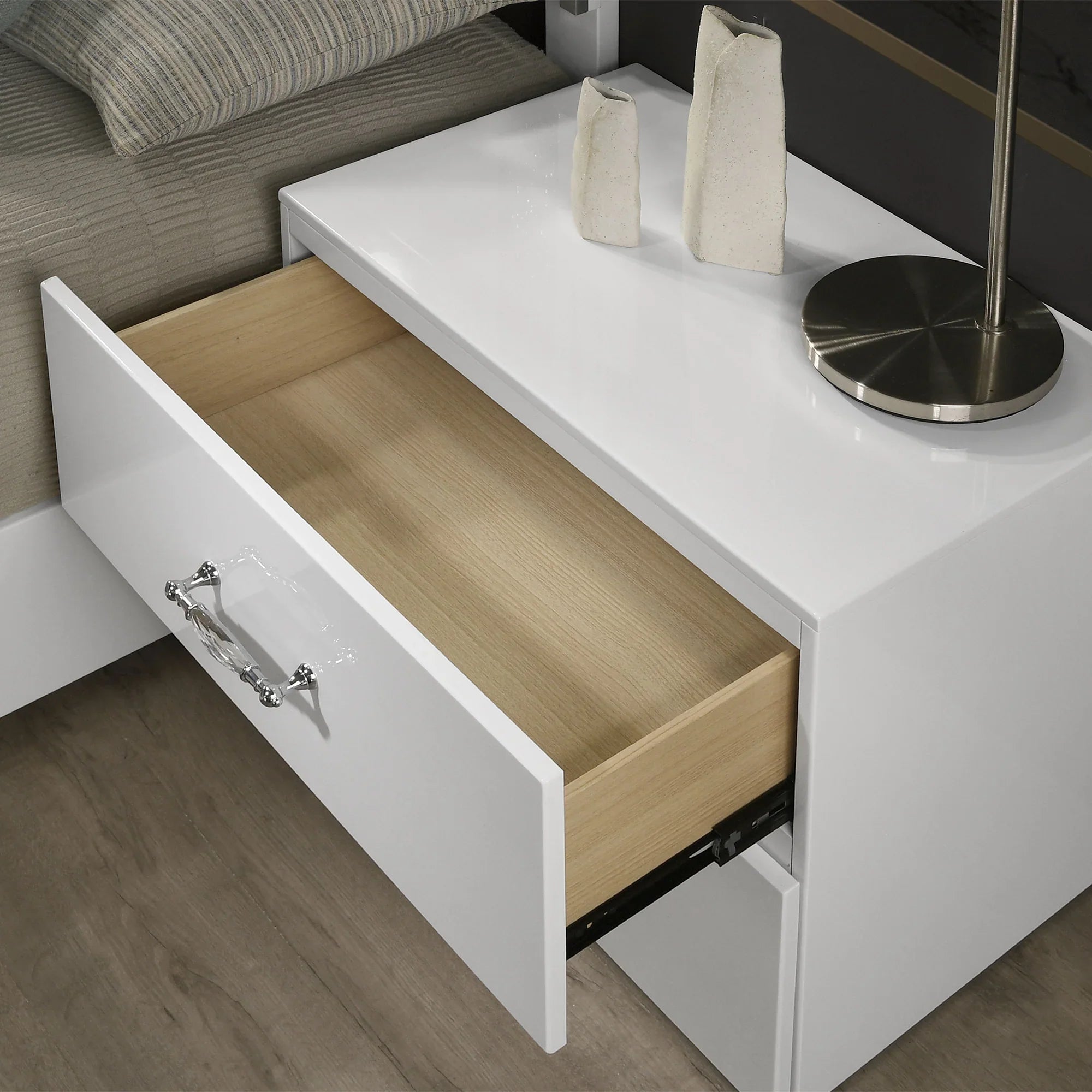 Stoholm Modern White Nightstand with 2-Drawer and Chrome Handles