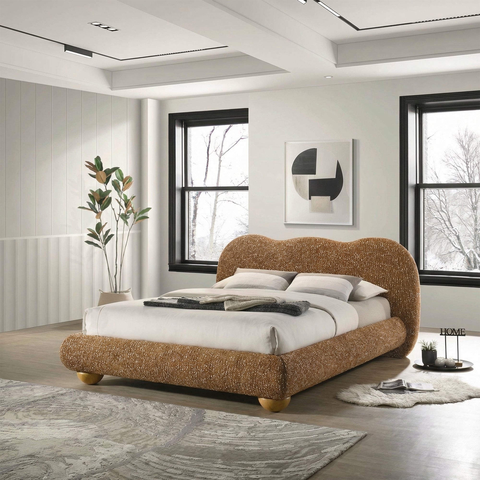 Finamore E.King & Queen Frame Platform Bed with Round Bun Wood Feet