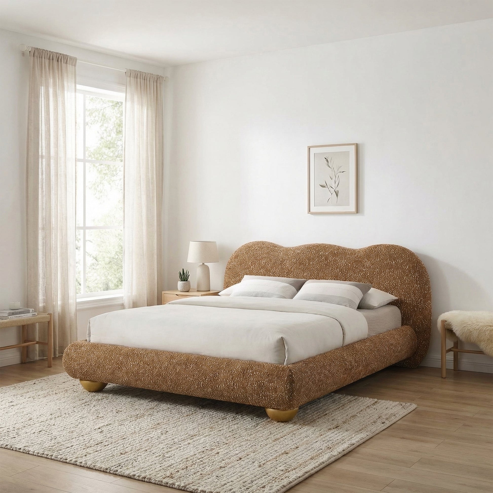 Finamore E.King & Queen Frame Platform Bed with Round Bun Wood Feet