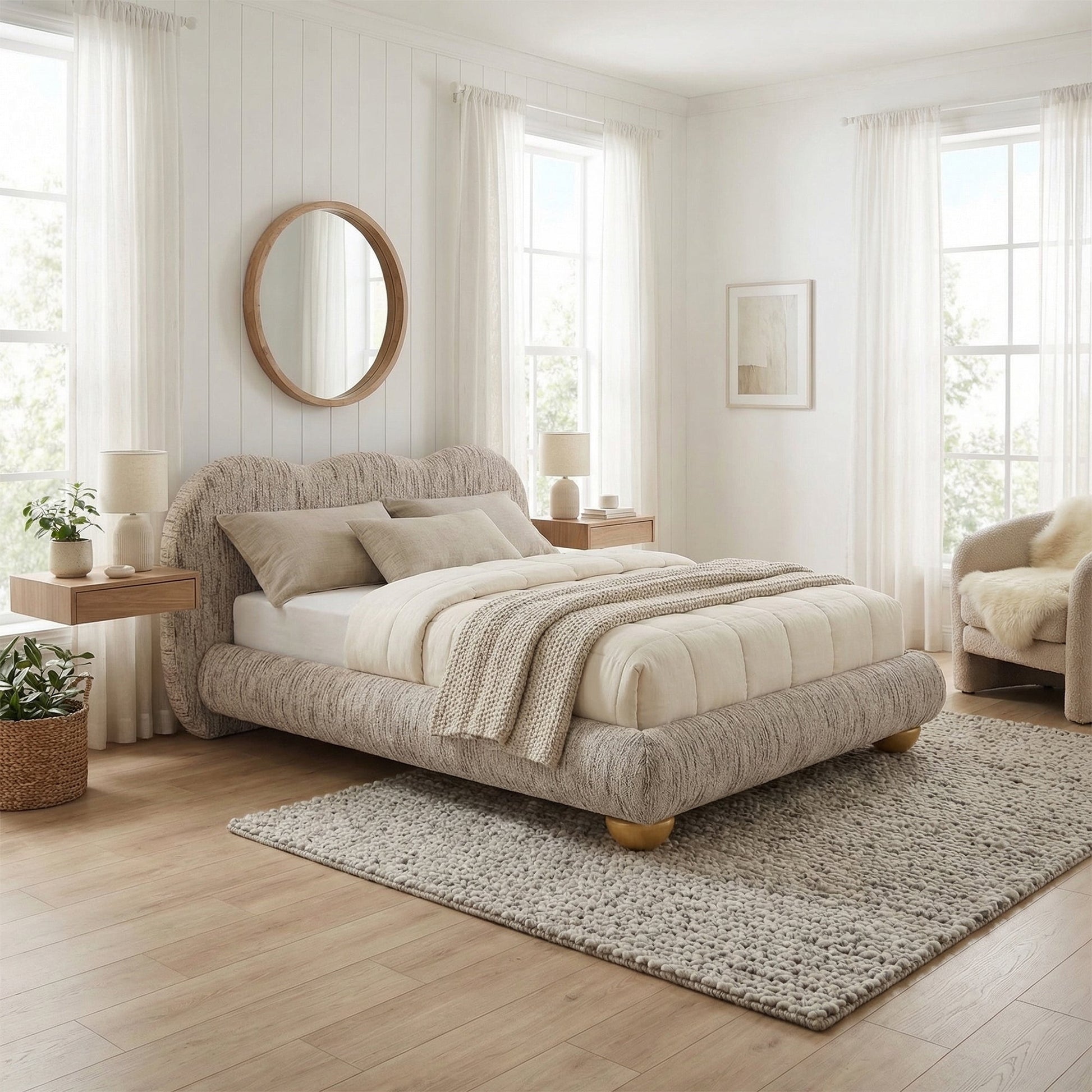 Finamore E.King & Queen Frame Platform Bed with Round Bun Wood Feet