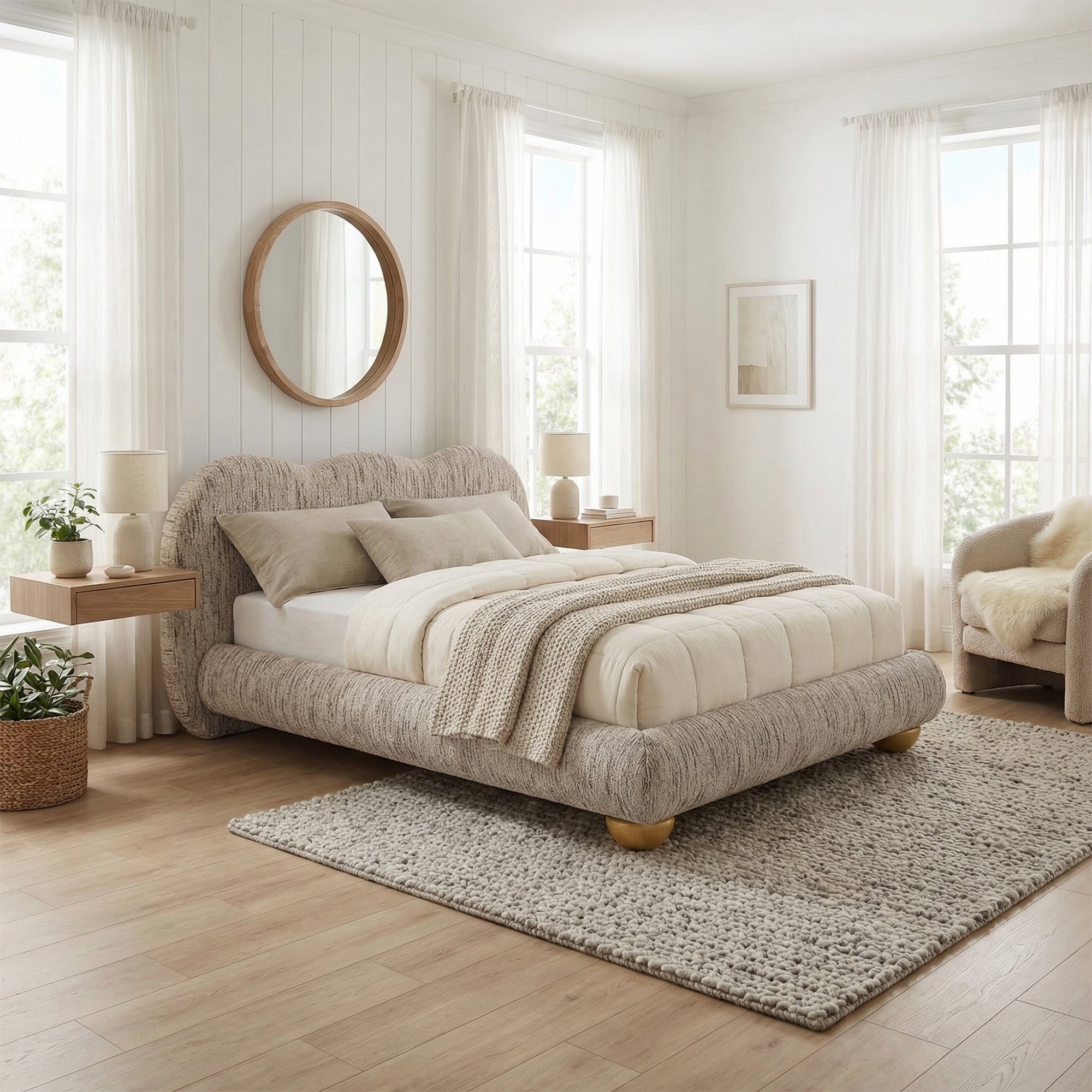 Finamore E.King & Queen Frame Platform Bed with Round Bun Wood Feet