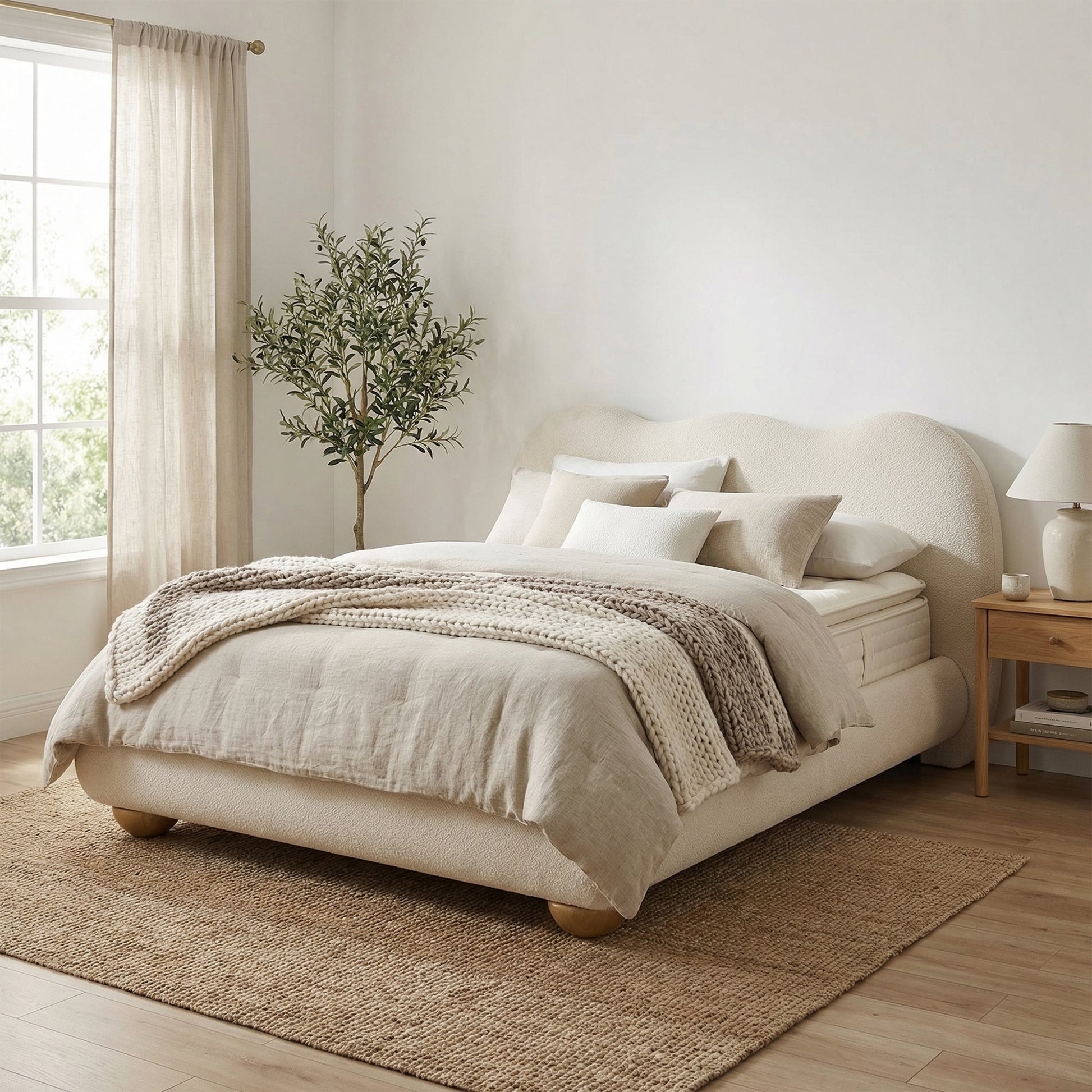 Finamore E.King & Queen Frame Platform Bed with Round Bun Wood Feet
