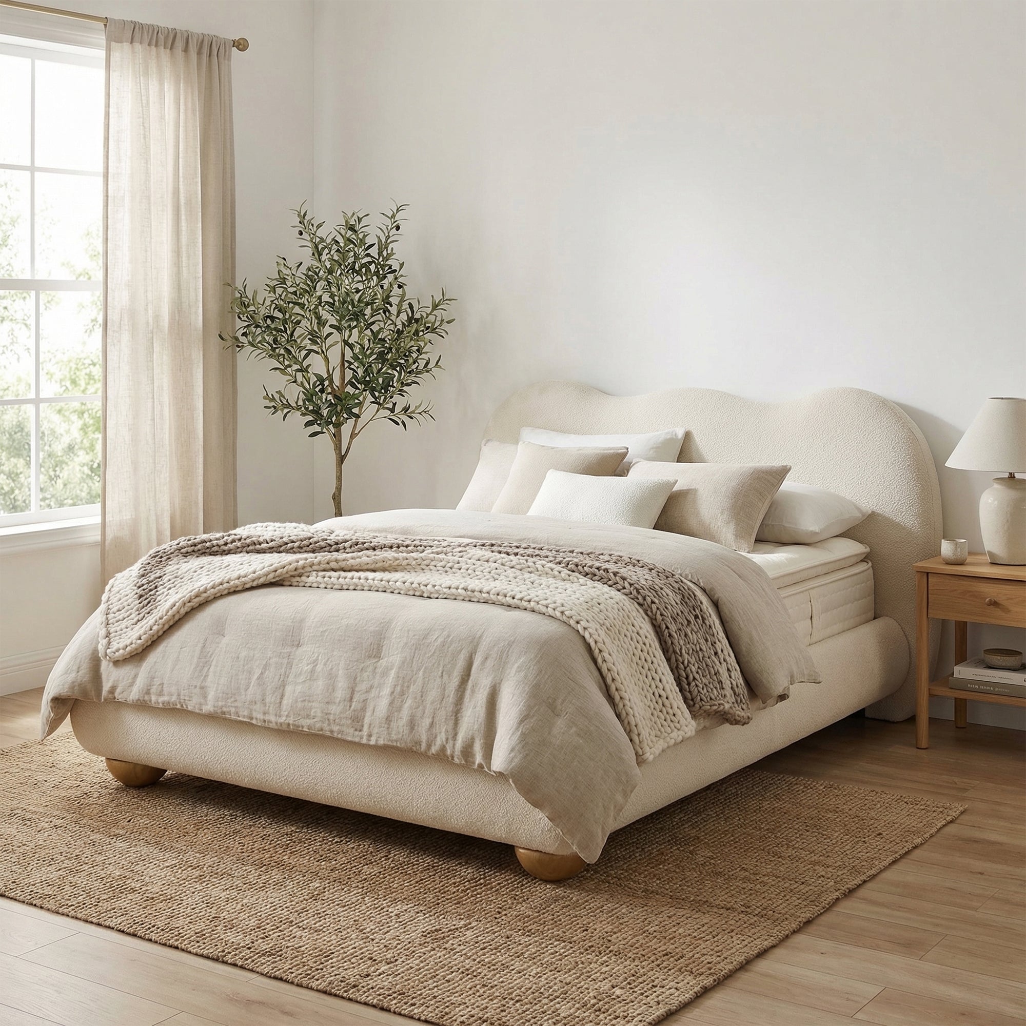 Finamore E.King & Queen Frame Platform Bed with Round Bun Wood Feet
