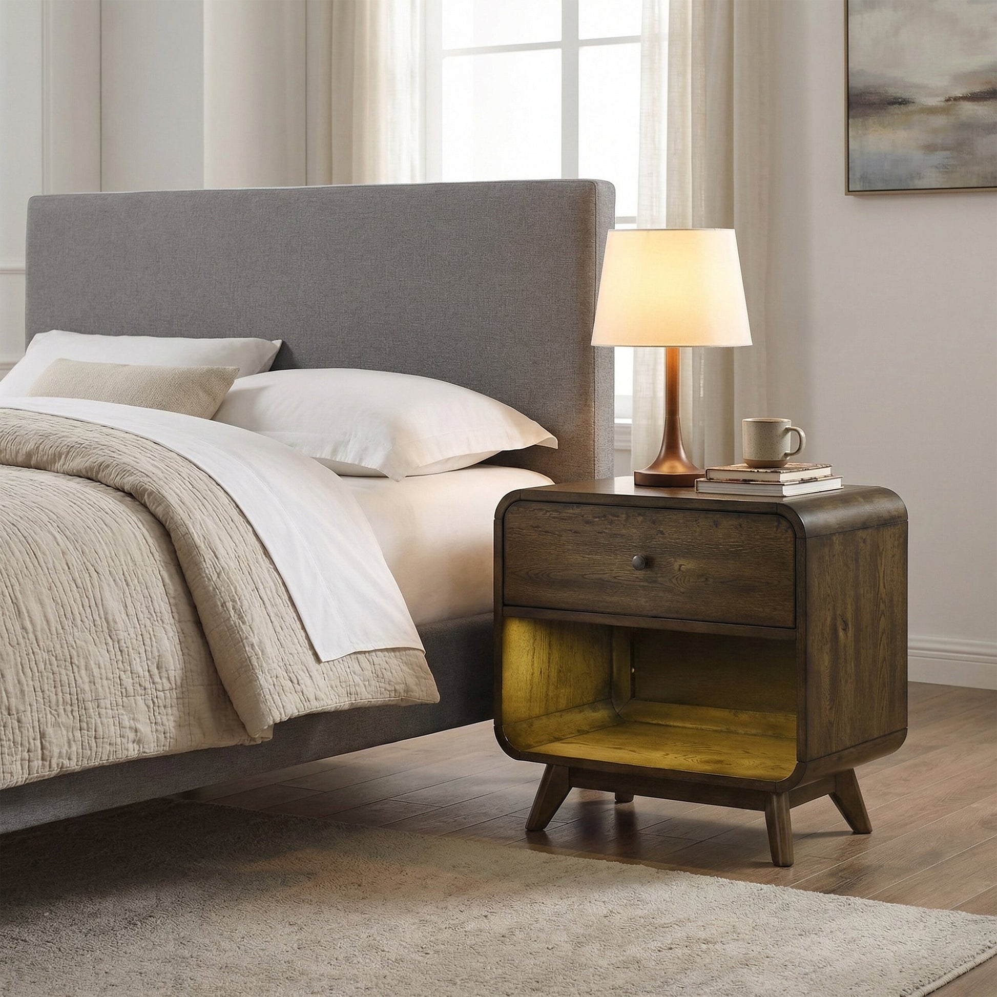 27 Inch Rustic Oak 1-Drawer Nightstand with LED