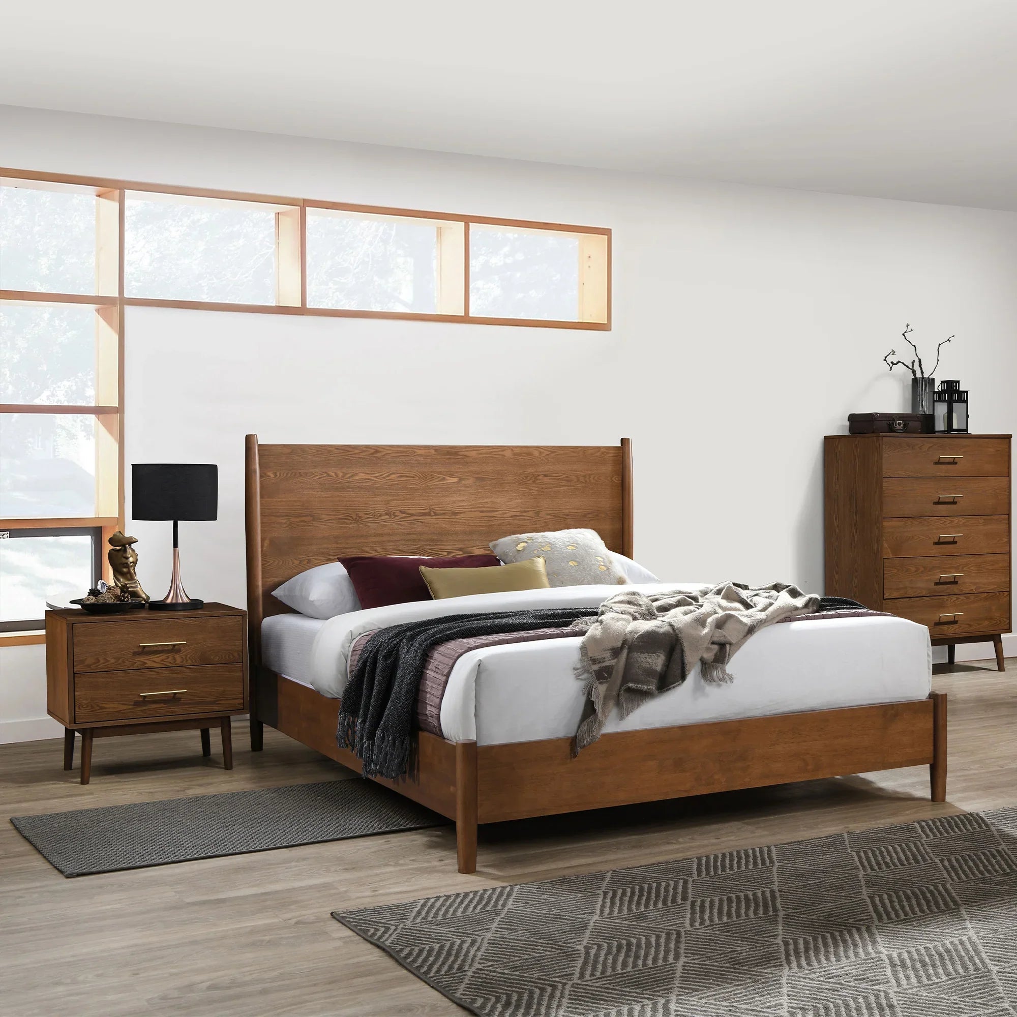 Tromso Mid-Century Modern 23" Walnut Nightstand with 2-Drawer and Round Tapered Legs