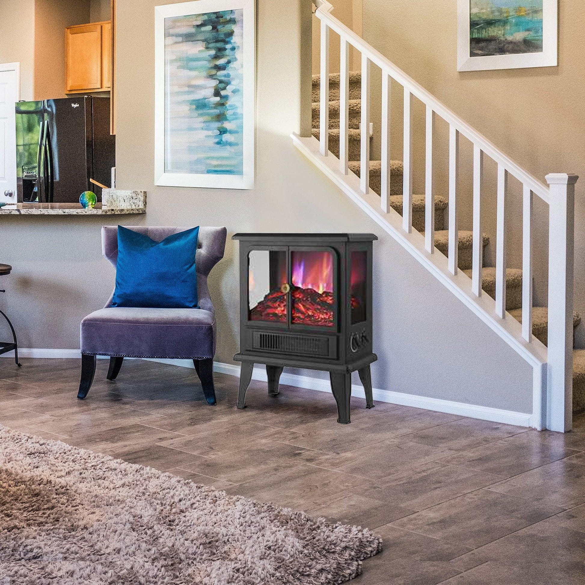 Black Electric Heater Free Standing Stove, 3D Flame Overheat Protection Adjustable Thermostat, 1500W - Vanub