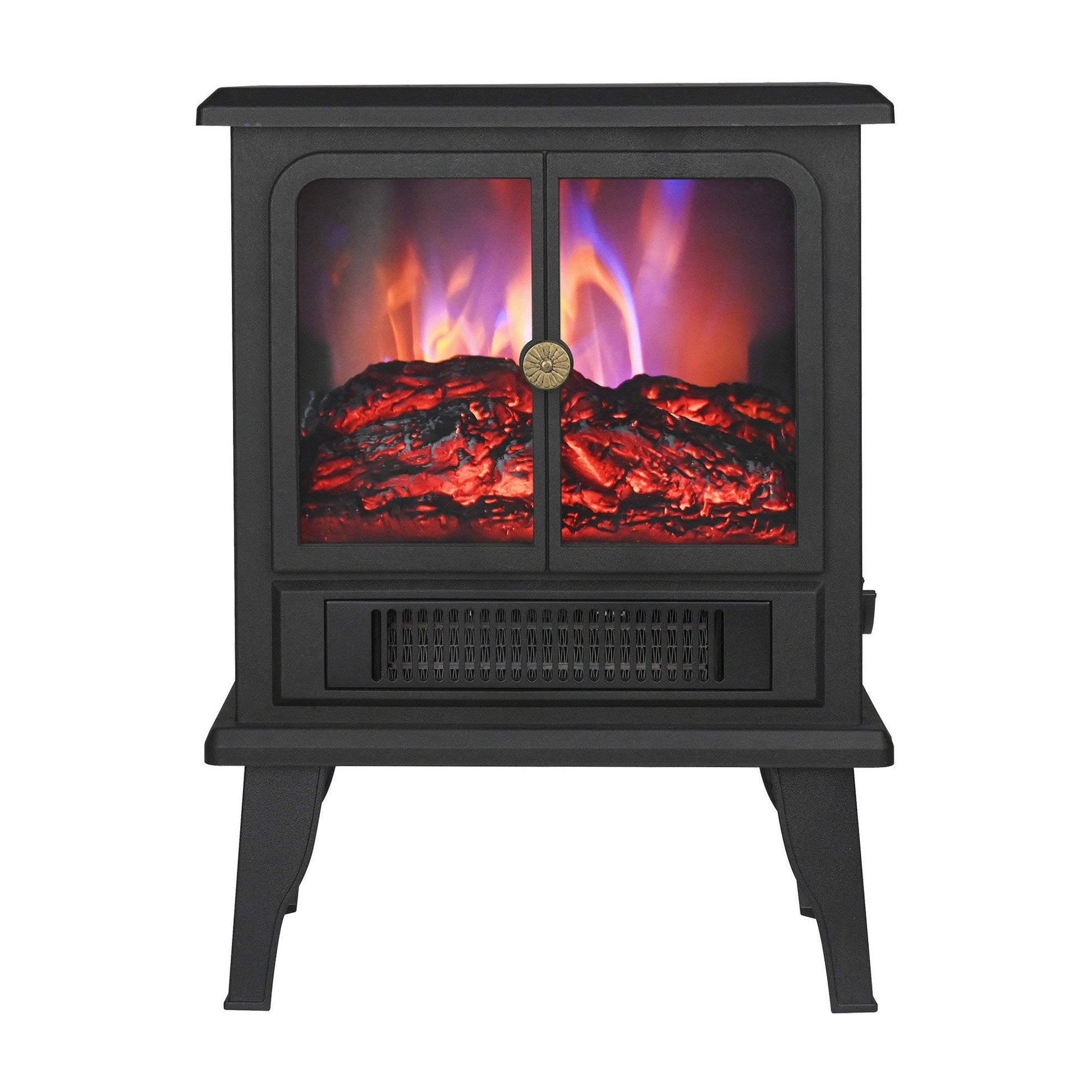 Black Electric Heater Free Standing Stove, 3D Flame Overheat Protection Adjustable Thermostat, 1500W - Vanub