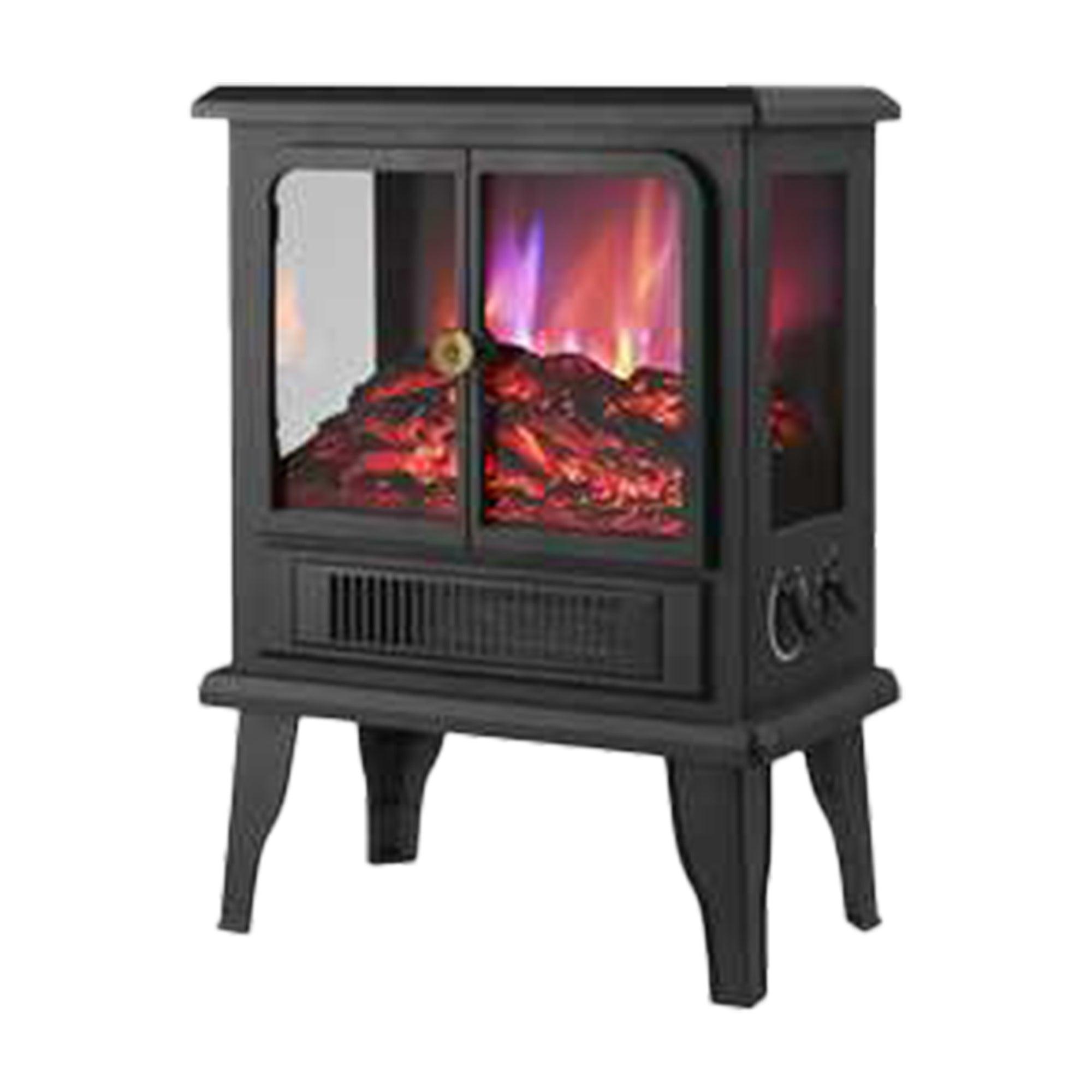 Black Electric Heater Free Standing Stove, 3D Flame Overheat Protection Adjustable Thermostat, 1500W - Vanub