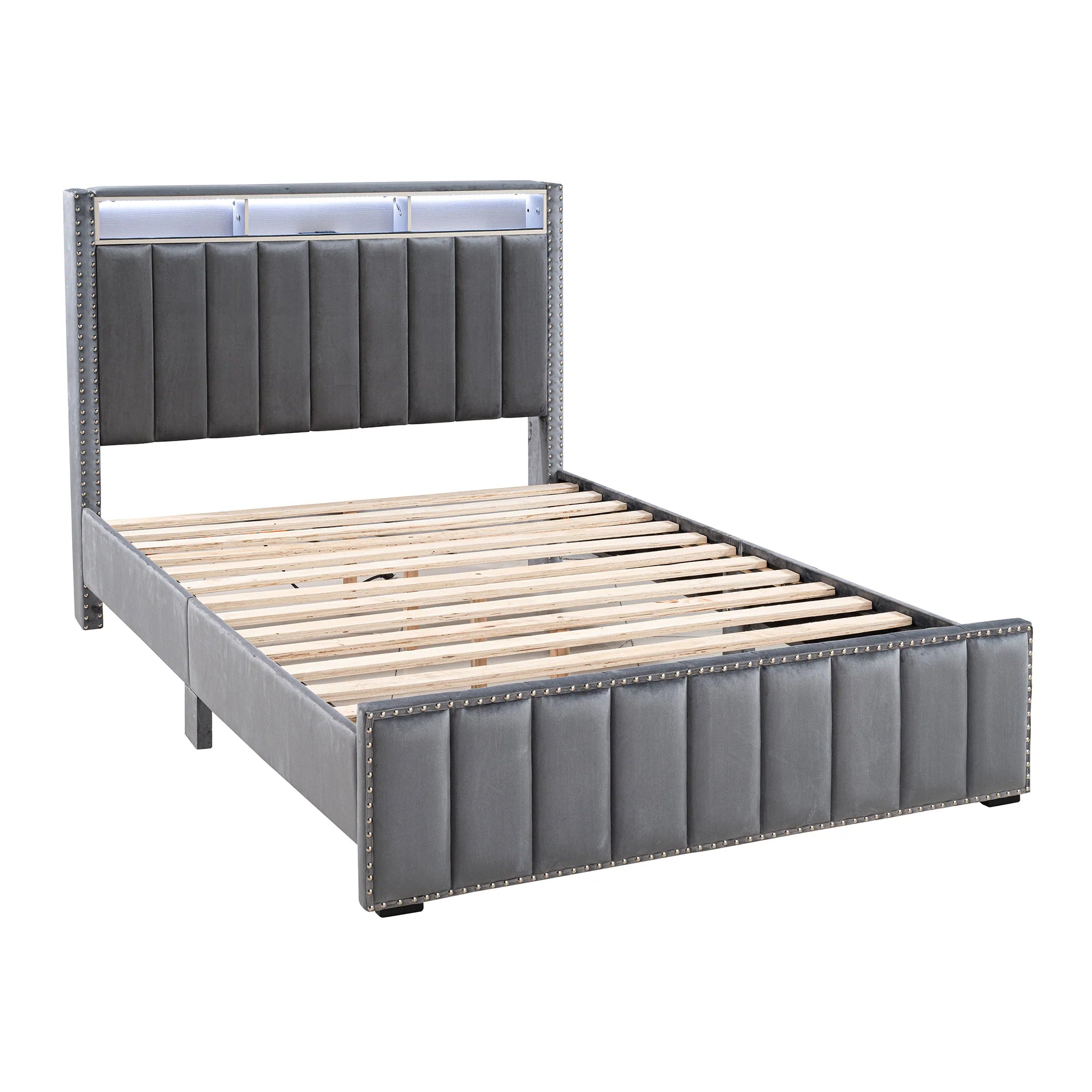 Farese Full & Queen Platform Bed Frame Storage Headboard with LED Light, No Box Spring Needed