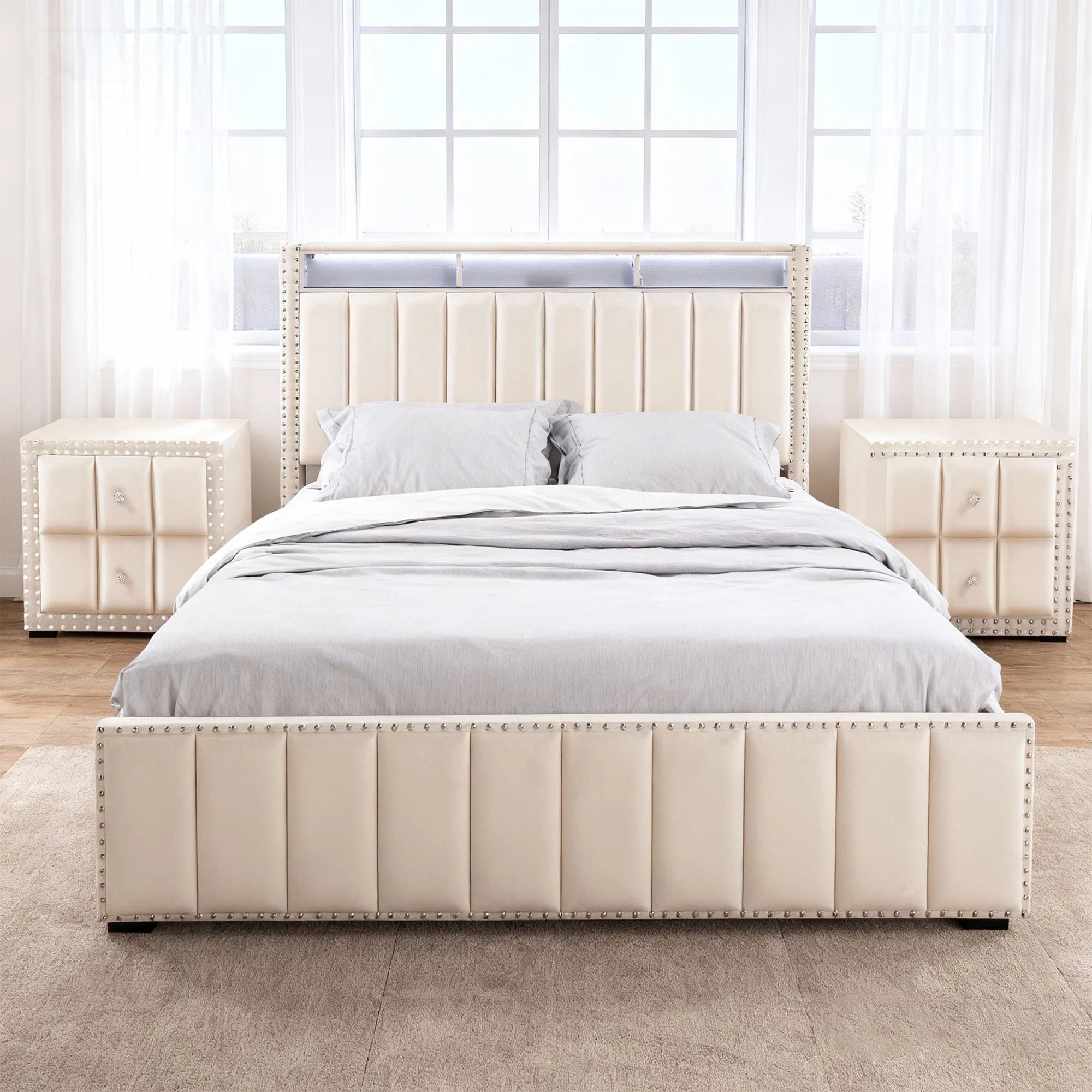 Farese Full & Queen Platform Bed Frame Storage Headboard with LED Light, No Box Spring Needed