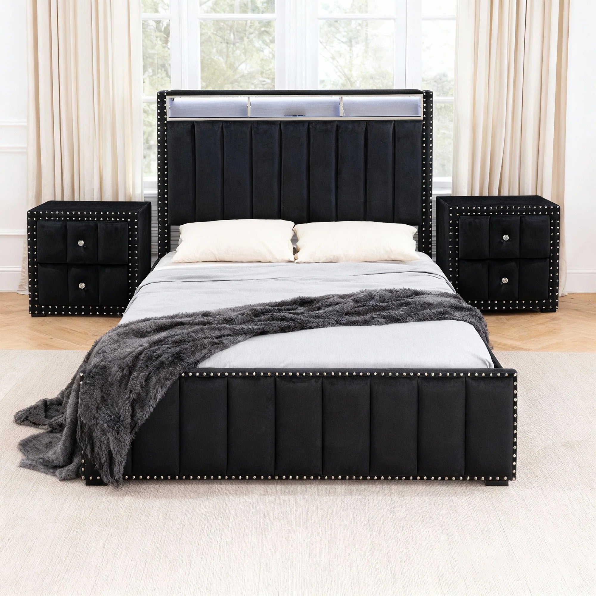 Farese Full & Queen Platform Bed Frame Storage Headboard with LED Light, No Box Spring Needed