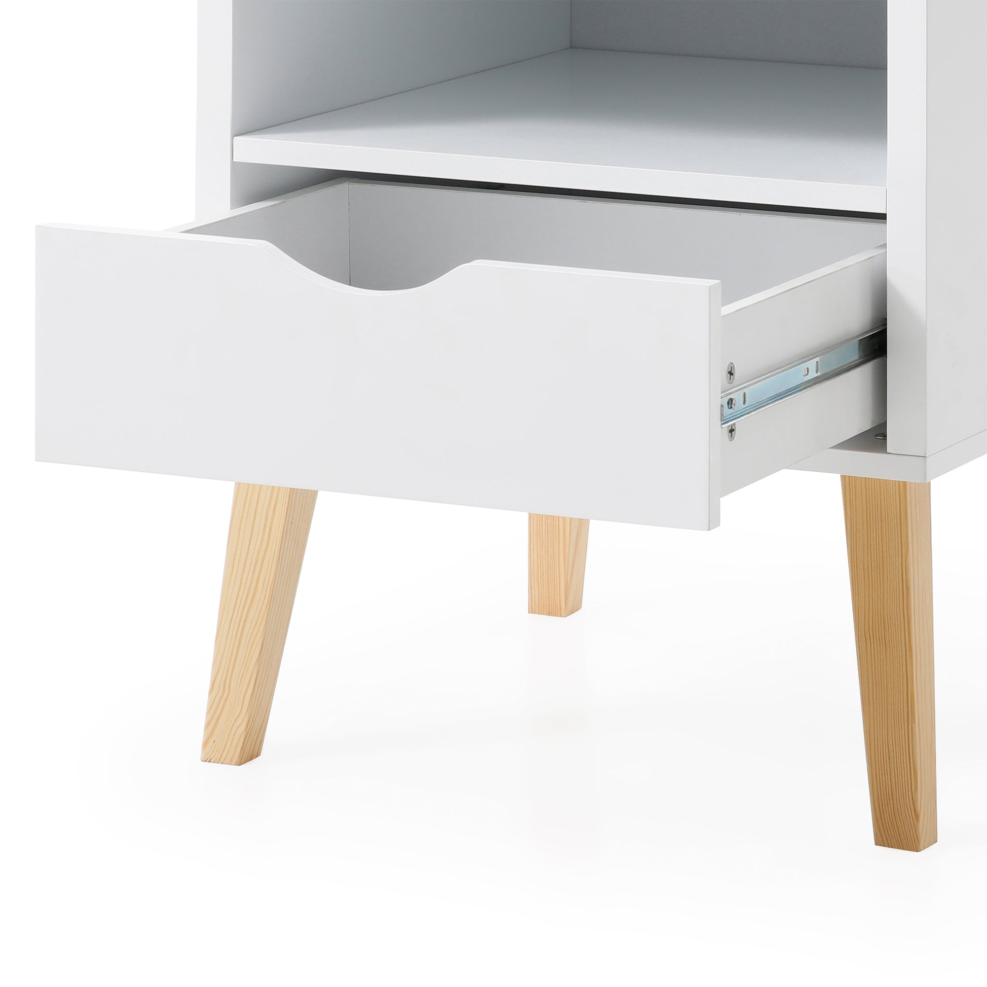 19in Jeff White End Table, Drawer and Shelf, Wood Legs