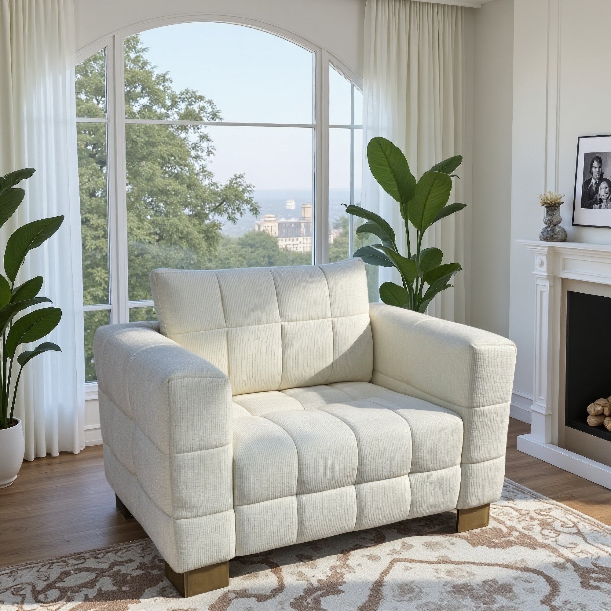 34.65 inches wide modern white plush sofa, stylish living room furniture