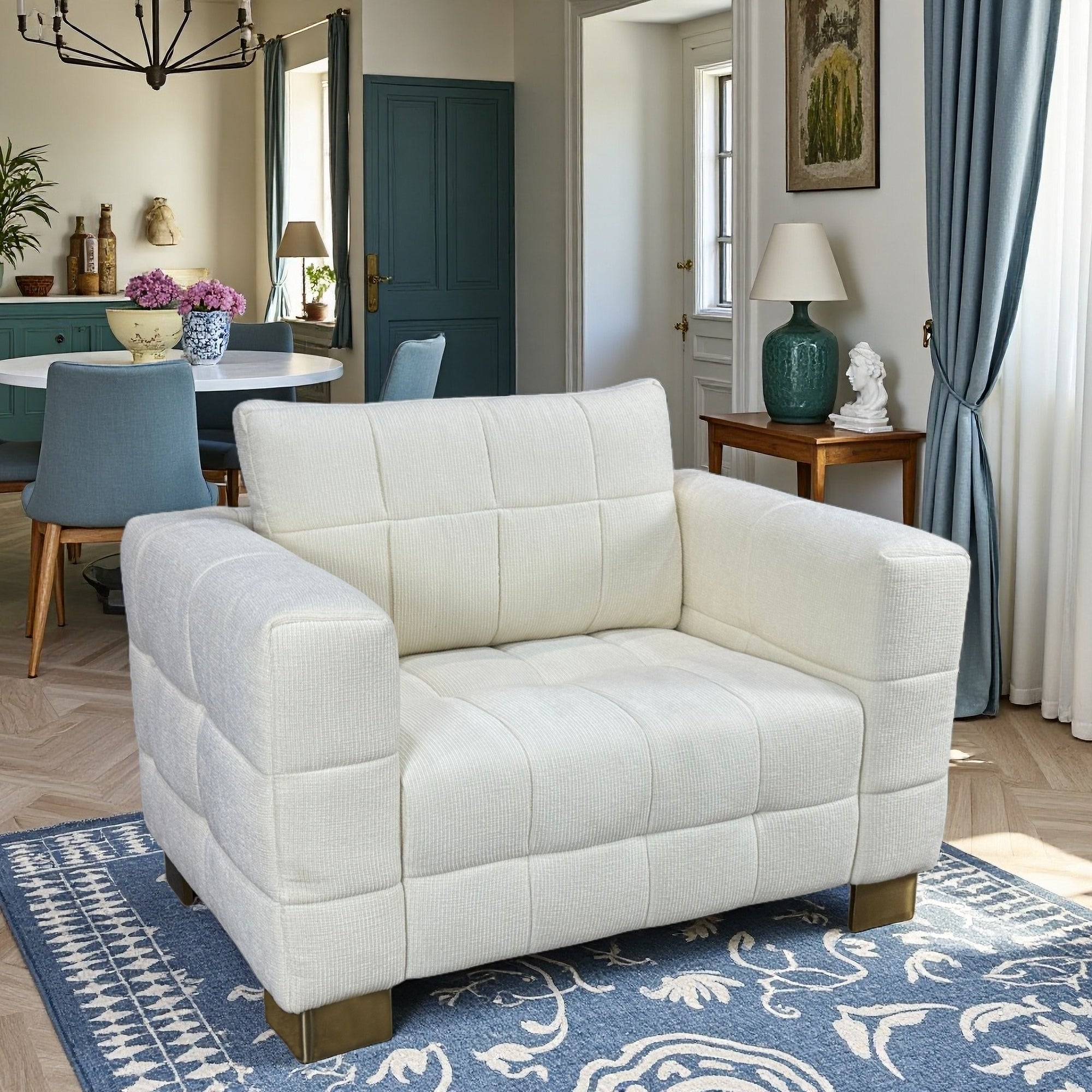 34.65 inches wide modern white plush sofa, stylish living room furniture