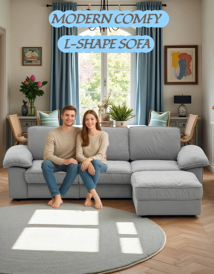 105.5" Upholstered L-Shaped Sectional Sofa – Modern Fabric Couch with Chaise & Ottoman, Deep-Seat Comfort for Living Rooms/Apartments