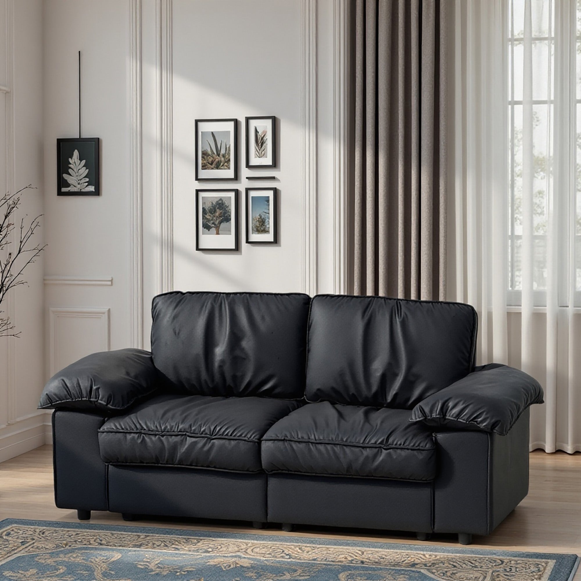78.74" Black Faux Leather Compact Loveseat – 2-Seat Space-Saving Couch with Hidden Storage for Small Apartments/Studios