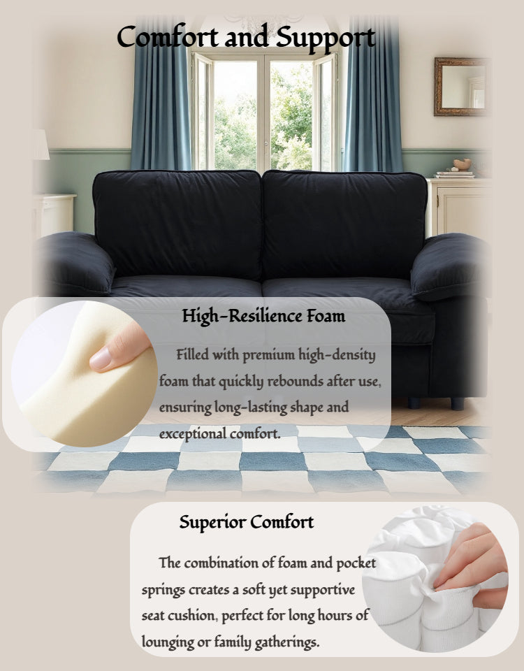 78.74" Black Velvet Compact Loveseat – 2-Seat Space-Saving Couch with Hidden Storage for Small Apartments/Studios