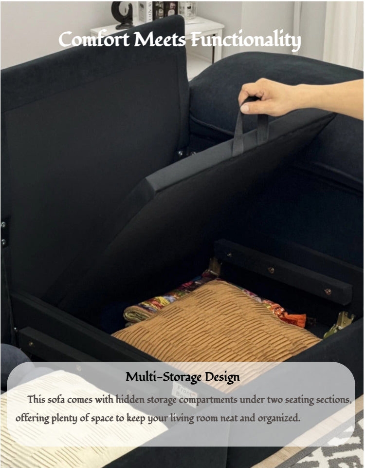 78.74" Black Velvet Compact Loveseat – 2-Seat Space-Saving Couch with Hidden Storage for Small Apartments/Studios