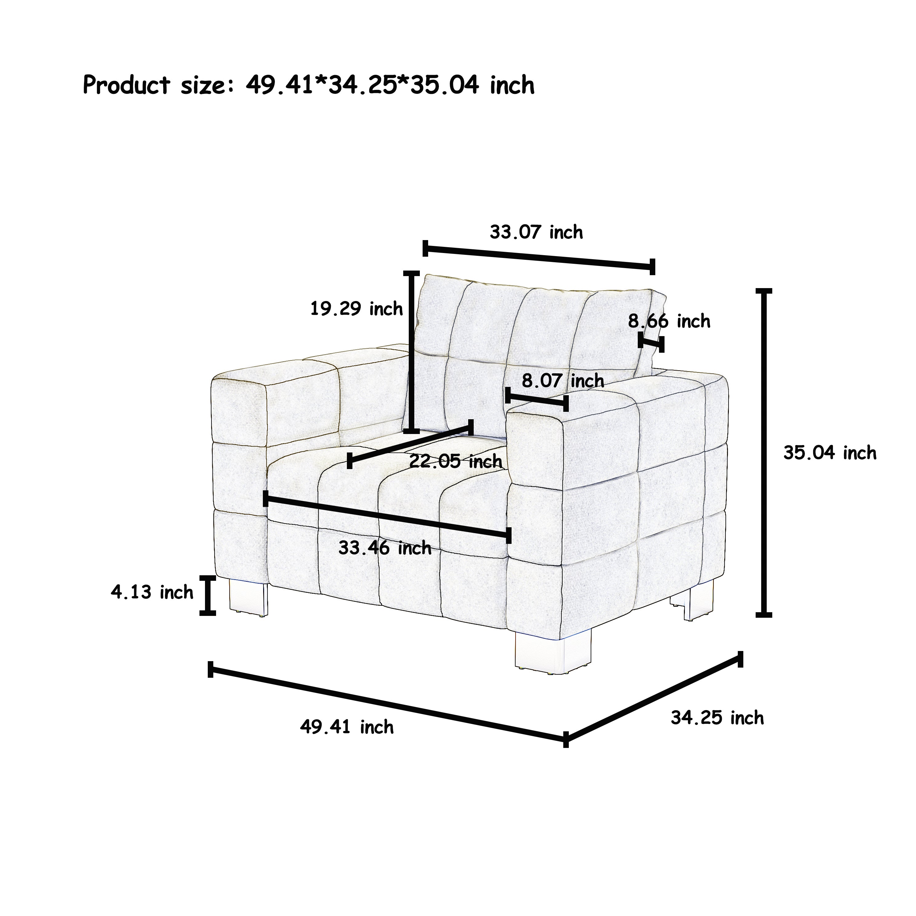 34.65 inches wide modern white plush sofa, stylish living room furniture