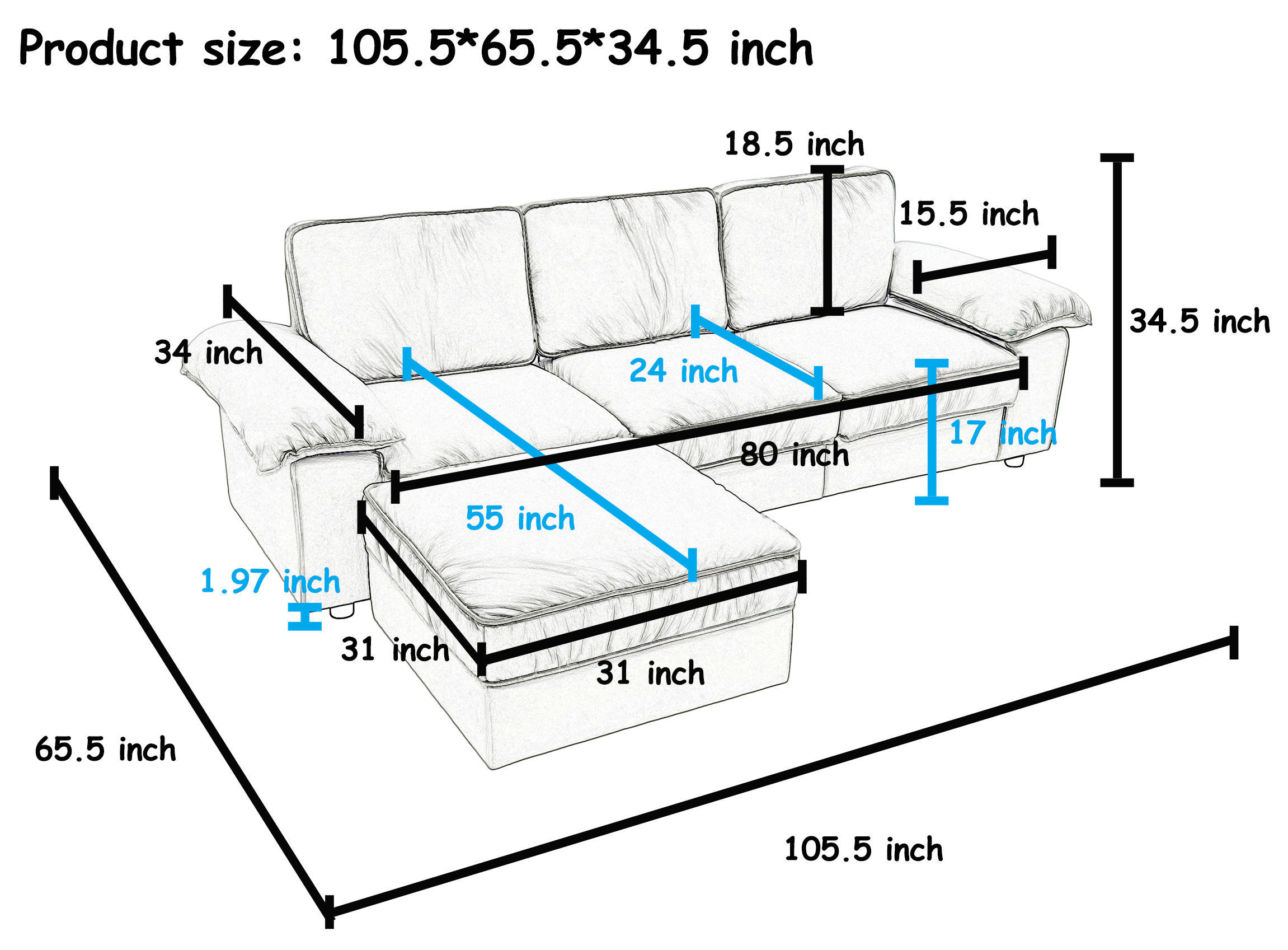 105.5" Upholstered L-Shaped Sectional Sofa with Storage – Modern Deep-Cushion Fabric Couch, Space-Saving for Apartments & Living Rooms