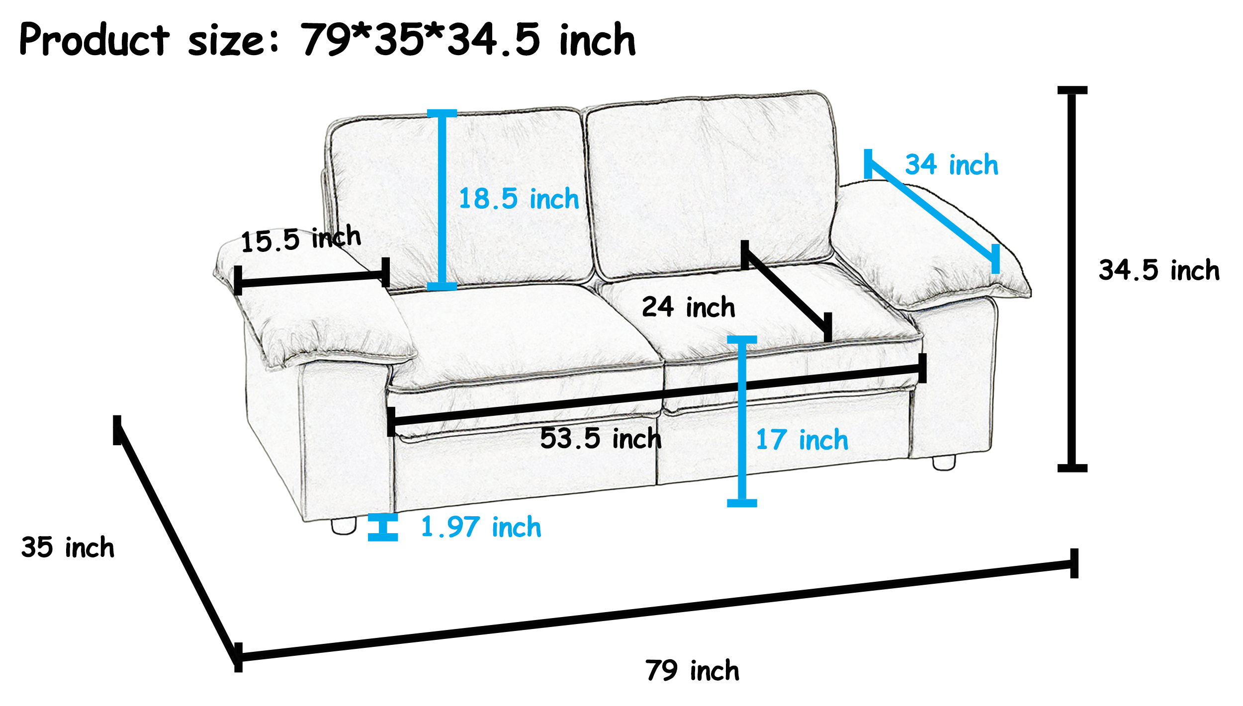 78.74" Space-Saving Storage Loveseat – Blue 2-Seat Contemporary Couch with Hidden Storage for Living Rooms/Small Homes