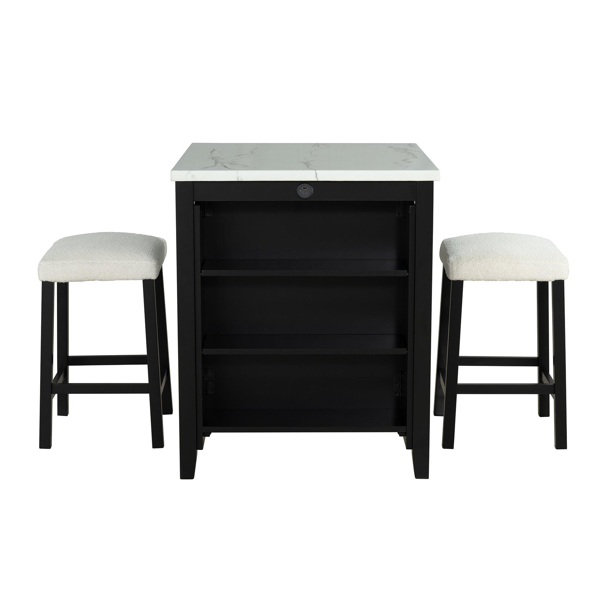 36" Modern Dining Table Set with 2 Stool, High Gloss Table Top, USB-A & USB-C Charging Ports