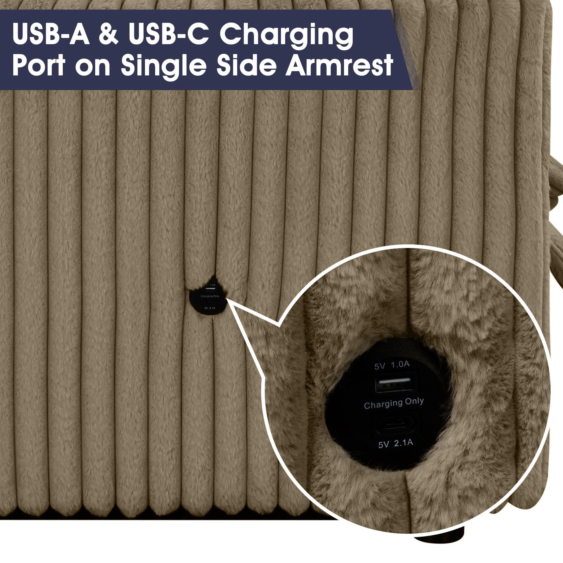 Brown Faux Fur Oversized Convertible Sleeper Sectional Sofa Couch Daybed and Chair Pull Out with 2 Pillows, USB Charging Ports for Living Room - Vanub