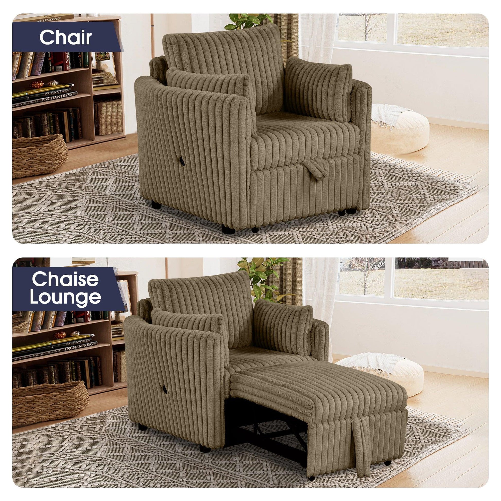 Brown Faux Fur Oversized Convertible Sleeper Sectional Sofa Couch Daybed and Chair Pull Out with 2 Pillows, USB Charging Ports for Living Room - Vanub