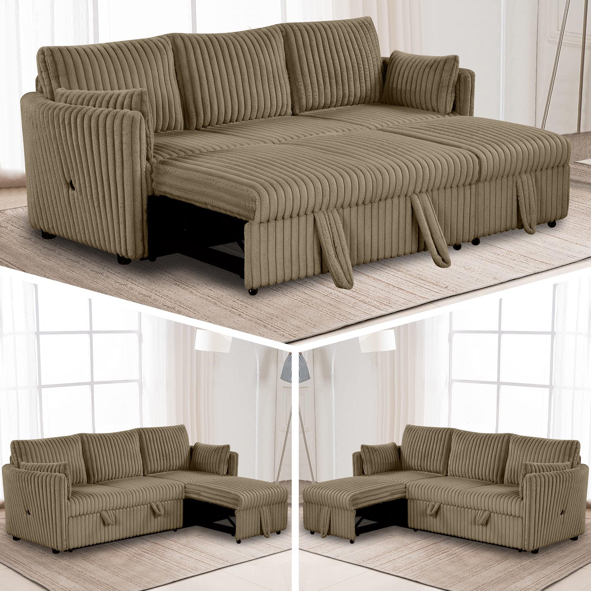 Brown Faux Fur Oversized Convertible Sleeper Sectional Sofa Couch Daybed and Chair Pull Out with 2 Pillows, USB Charging Ports for Living Room - Vanub