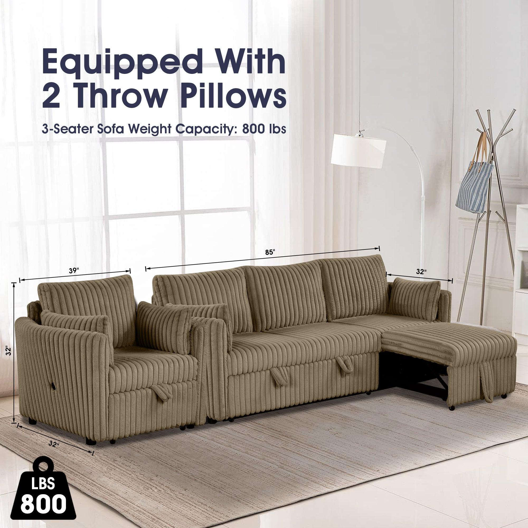 Brown Faux Fur Oversized Convertible Sleeper Sectional Sofa Couch Daybed and Chair Pull Out with 2 Pillows, USB Charging Ports for Living Room - Vanub