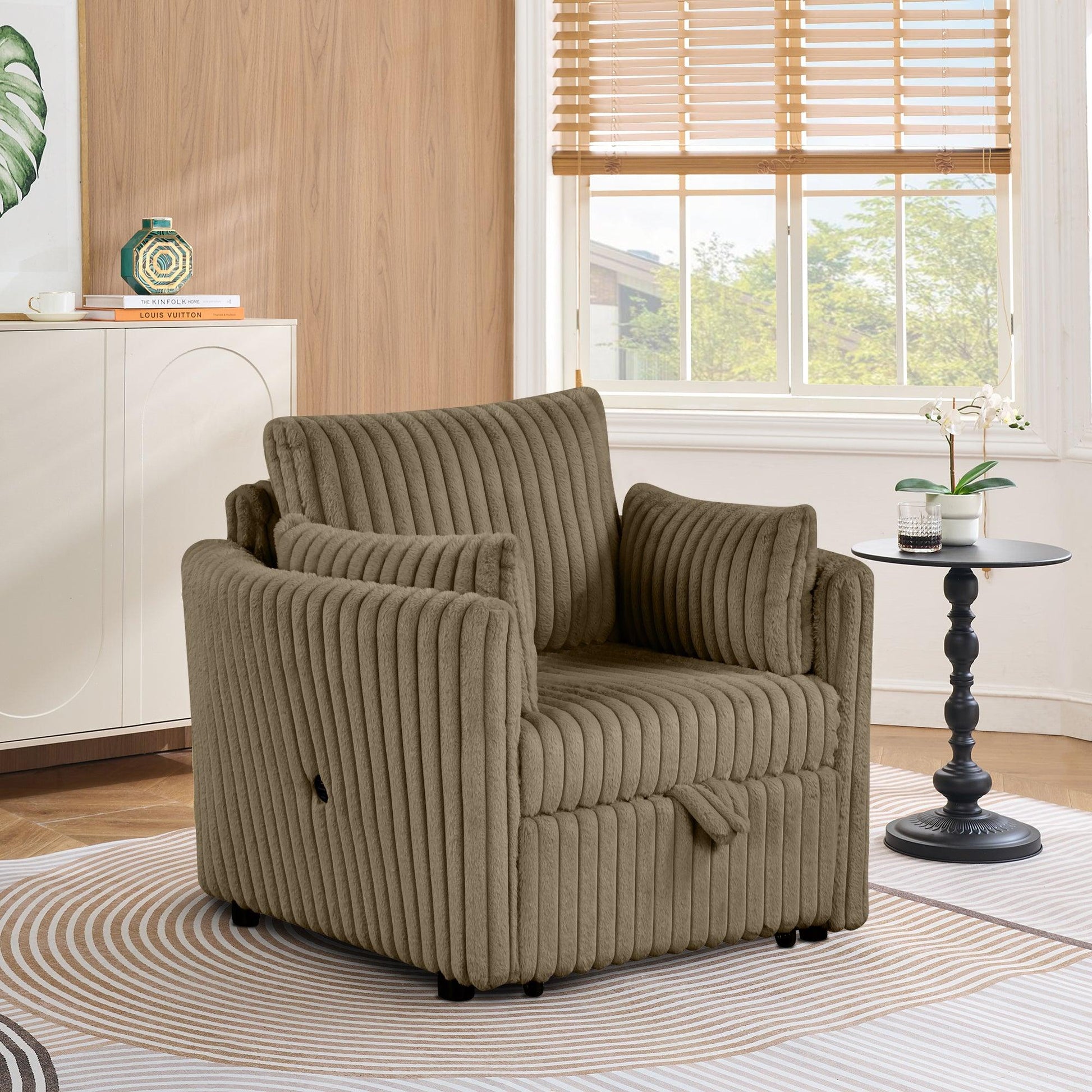 Brown Faux Fur Oversized Convertible Sleeper Sectional Sofa Couch Daybed and Chair Pull Out with 2 Pillows, USB Charging Ports for Living Room - Vanub