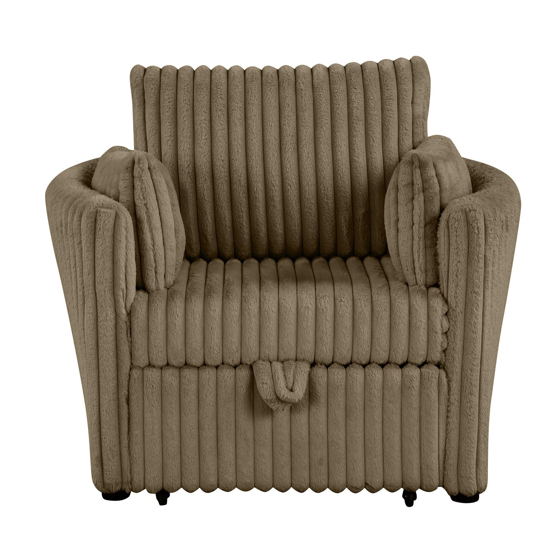 Brown Faux Fur Oversized Convertible Sleeper Sectional Sofa Couch Daybed and Chair Pull Out with 2 Pillows, USB Charging Ports for Living Room - Vanub