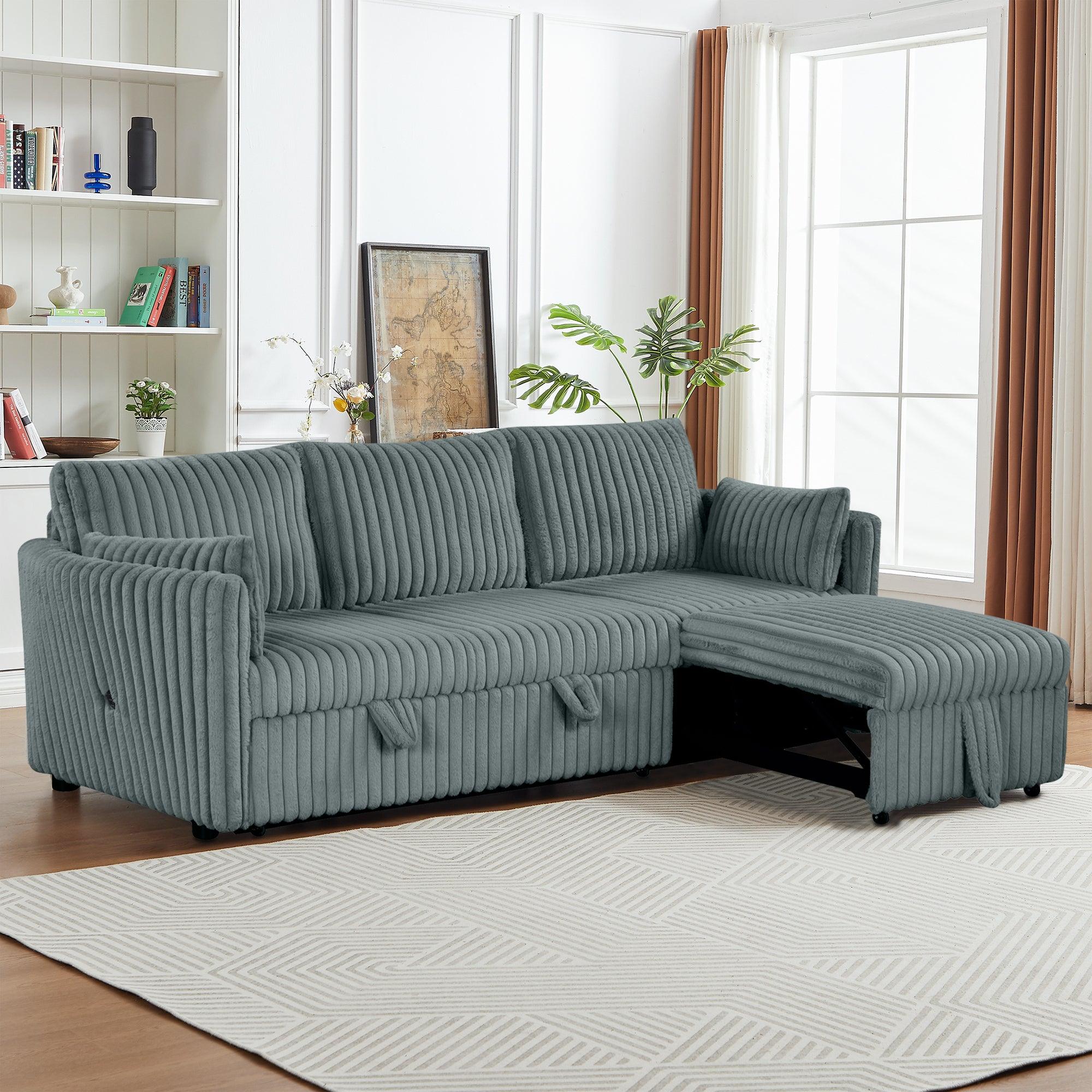 Dark Gray Faux Fur Oversized Convertible Sleeper Sectional Sofa Couch Daybed and Chair Pull Out with 2 Pillows, USB Charging Ports for Living Room - Vanub