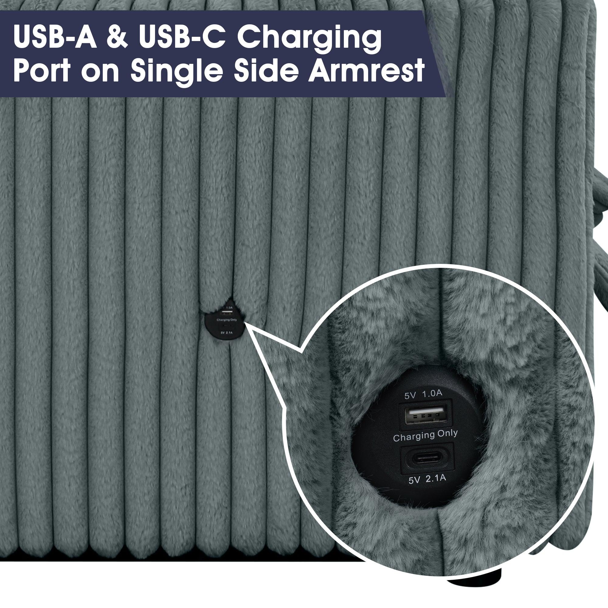 Dark Gray Faux Fur Oversized Convertible Sleeper Sectional Sofa Couch Daybed and Chair Pull Out with 2 Pillows, USB Charging Ports for Living Room - Vanub