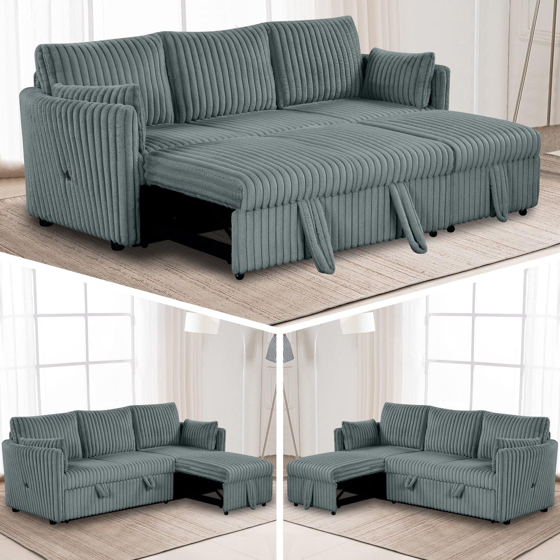 Dark Gray Faux Fur Oversized Convertible Sleeper Sectional Sofa Couch Daybed and Chair Pull Out with 2 Pillows, USB Charging Ports for Living Room - Vanub