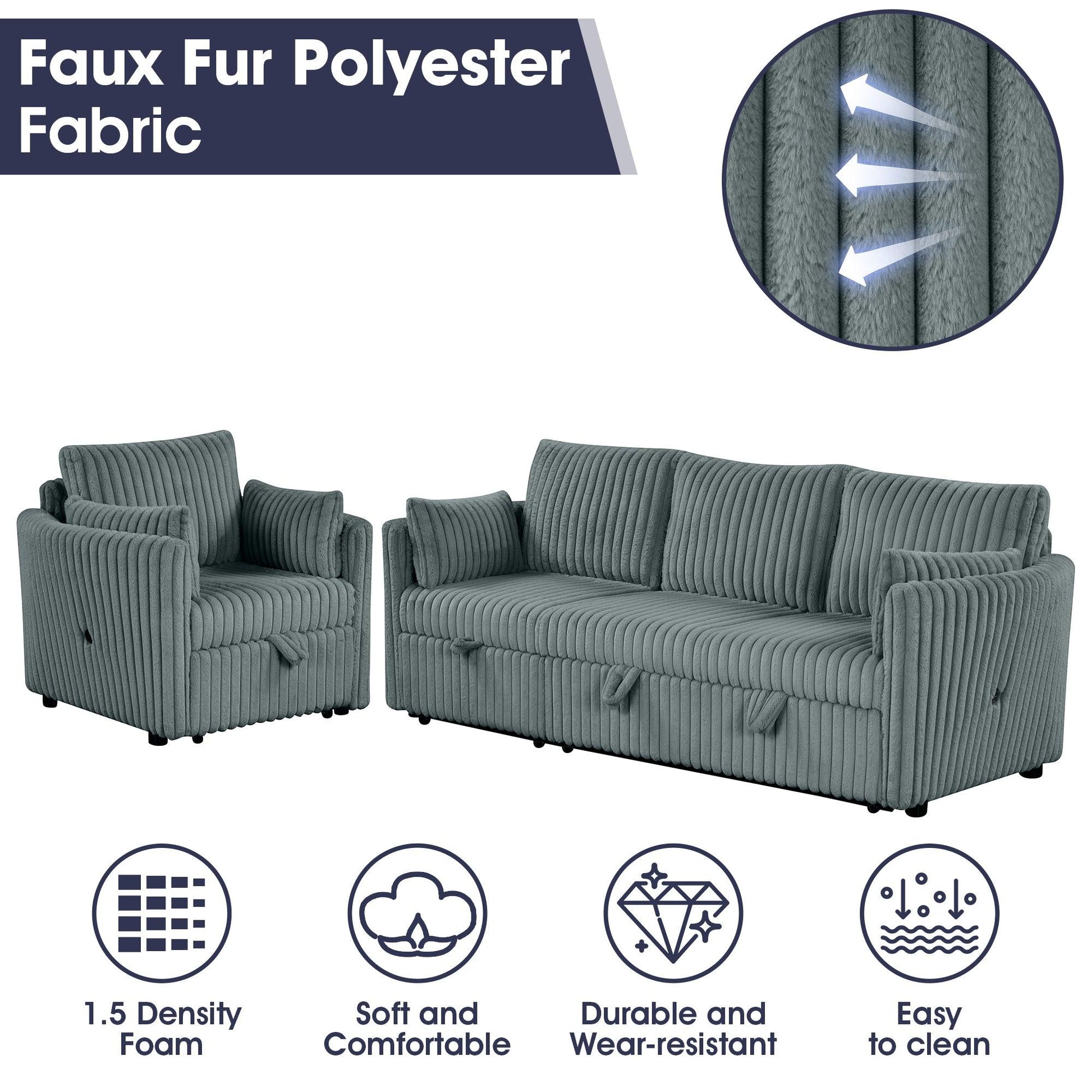 Dark Gray Faux Fur Oversized Convertible Sleeper Sectional Sofa Couch Daybed and Chair Pull Out with 2 Pillows, USB Charging Ports for Living Room - Vanub
