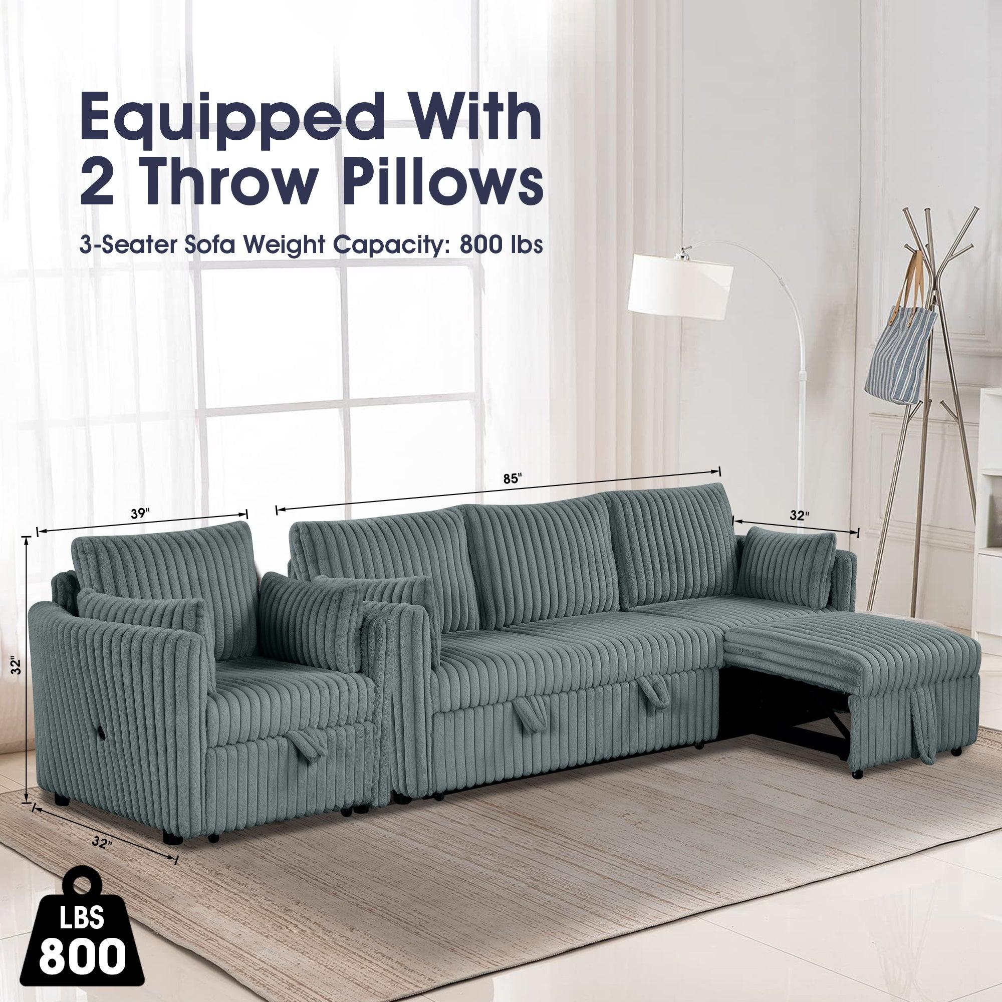 Dark Gray Faux Fur Oversized Convertible Sleeper Sectional Sofa Couch Daybed and Chair Pull Out with 2 Pillows, USB Charging Ports for Living Room - Vanub