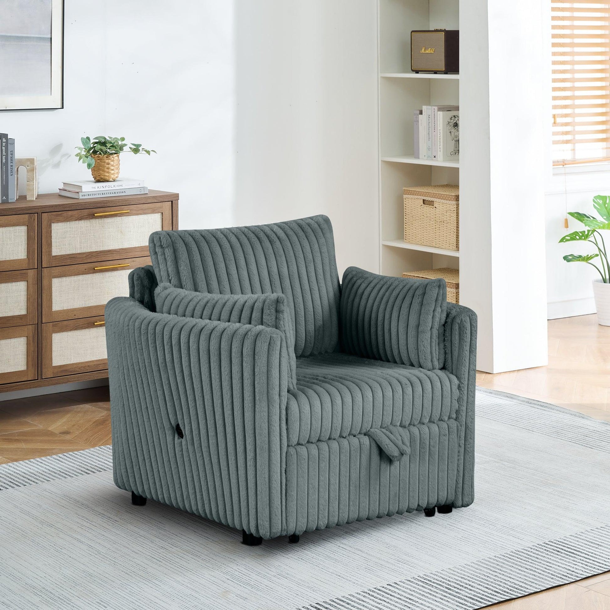 Dark Gray Faux Fur Oversized Convertible Sleeper Sectional Sofa Couch Daybed and Chair Pull Out with 2 Pillows, USB Charging Ports for Living Room - Vanub