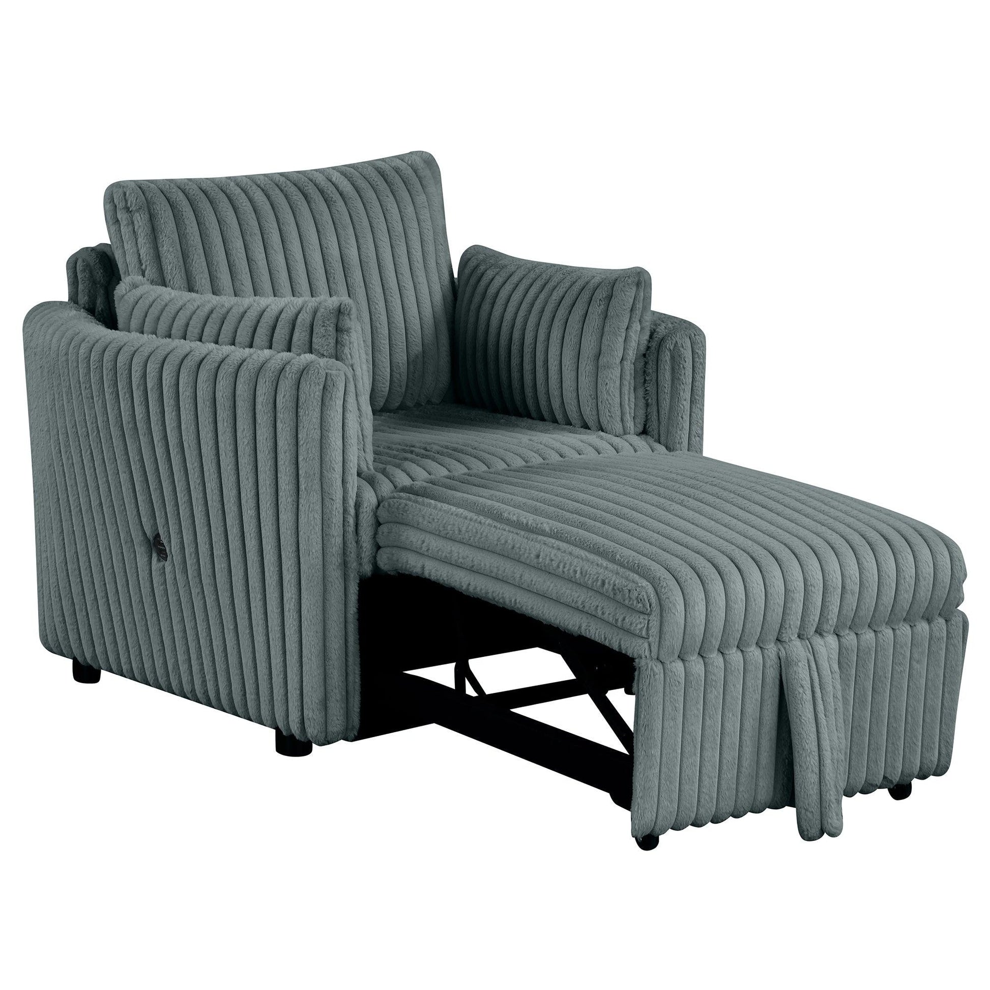 Dark Gray Faux Fur Oversized Convertible Sleeper Sectional Sofa Couch Daybed and Chair Pull Out with 2 Pillows, USB Charging Ports for Living Room - Vanub