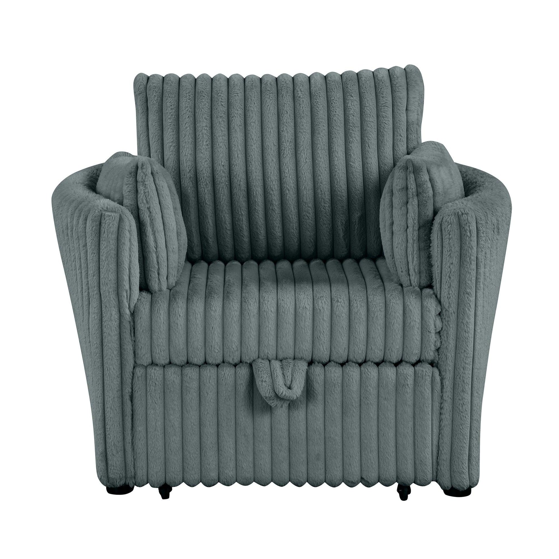 Dark Gray Faux Fur Oversized Convertible Sleeper Sectional Sofa Couch Daybed and Chair Pull Out with 2 Pillows, USB Charging Ports for Living Room - Vanub