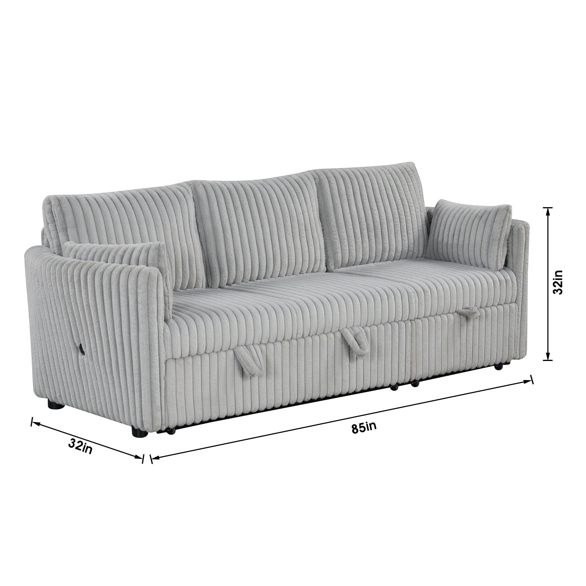 Light Gray Faux Fur Oversized Convertible Sleeper Sectional Sofa Couch Daybed and Chair Pull Out with 2 Pillows, USB Charging Ports for Living Room - Vanub