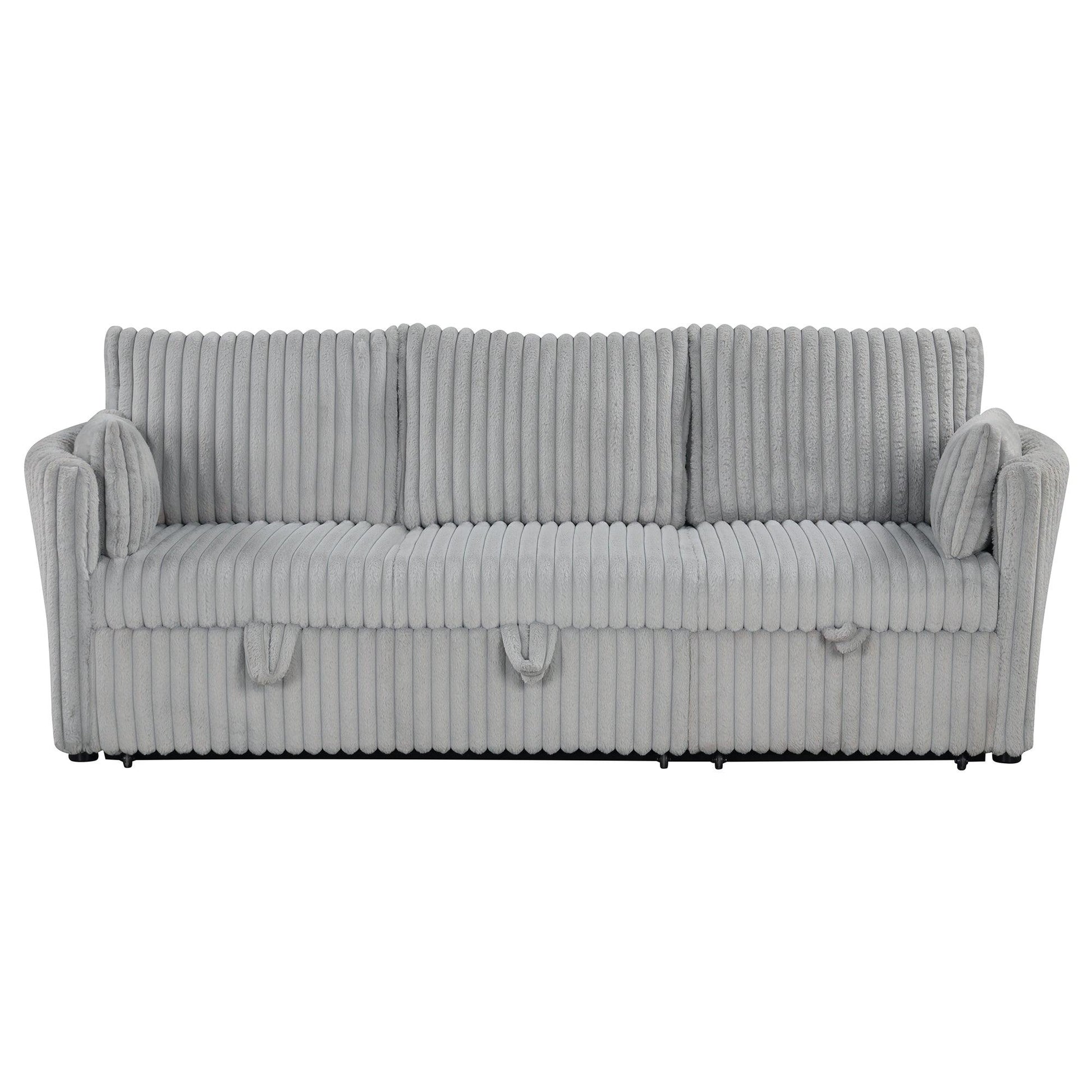 Light Gray Faux Fur Oversized Convertible Sleeper Sectional Sofa Couch Daybed and Chair Pull Out with 2 Pillows, USB Charging Ports for Living Room - Vanub