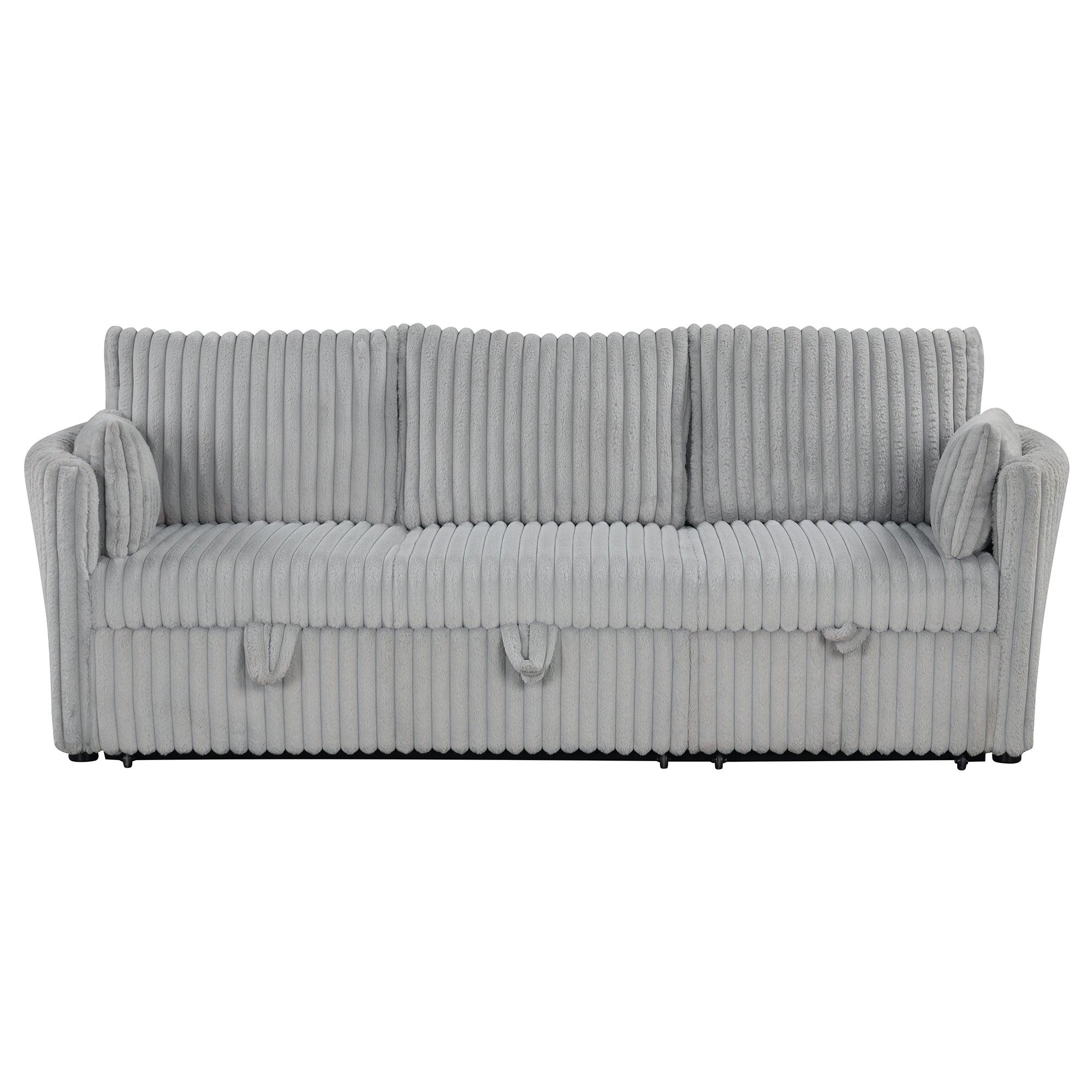 Light Gray Faux Fur Oversized Convertible Sleeper Sectional Sofa Couch Daybed and Chair Pull Out with 2 Pillows, USB Charging Ports for Living Room - Vanub